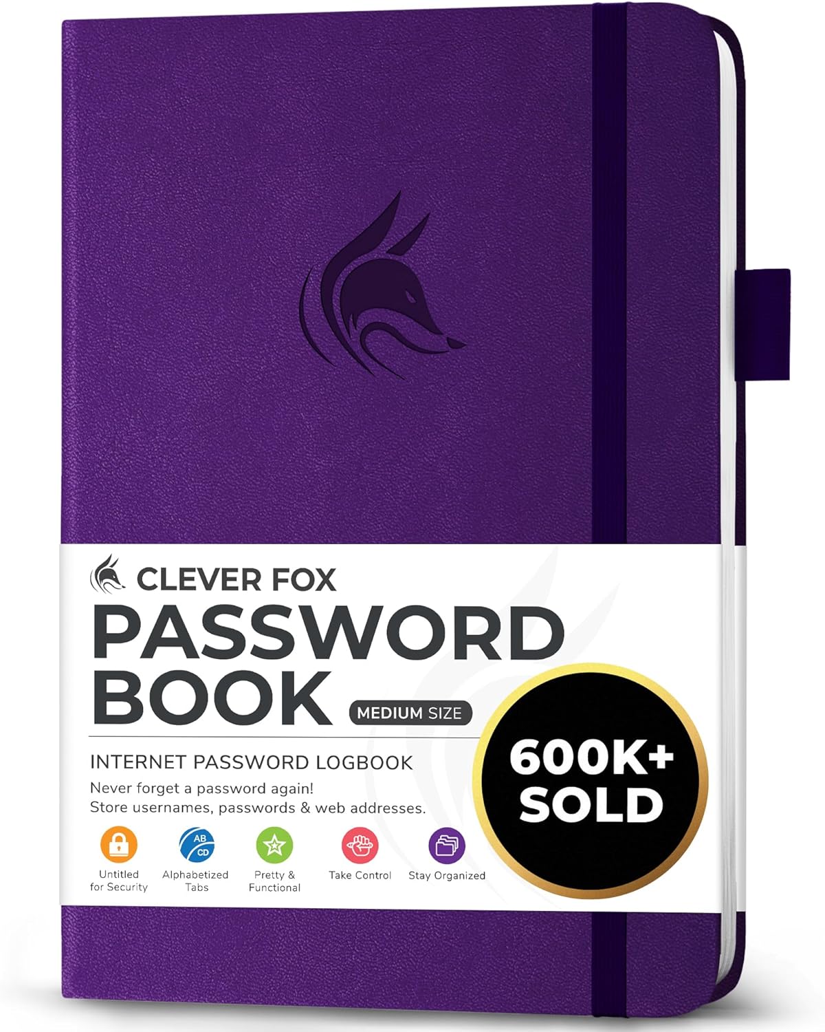 Clever Fox Password Book with alphabetical tabs. Internet Address Organizer Logbook. Medium Password Keeper for Website Logins (Purple)