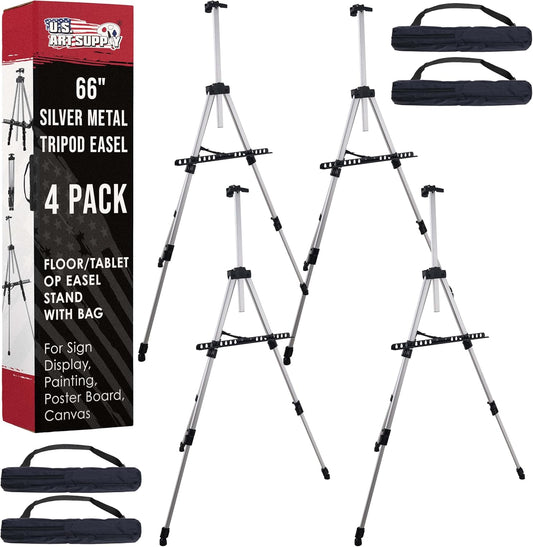 U.S. Art Supply 66" Silver Metal Tripod Easel Display (4 Pack) - Adjustable 18"- 5.5', Holds 36" Canvas - Floor/Tabletop Easel Stand, for Sign Display, Painting, Poster Board, Canvas - Portable Bag
