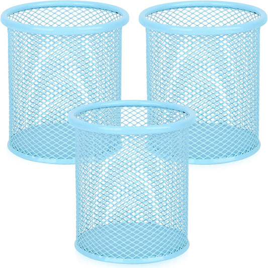 Segarty Pencil Holder, 3 Pack Light Blue Pen Holder, Pencils Cups for Desk, Round Mesh Pens Container Organizer for Office Supplies, School Classroom, Makeup Brush, Home Storage