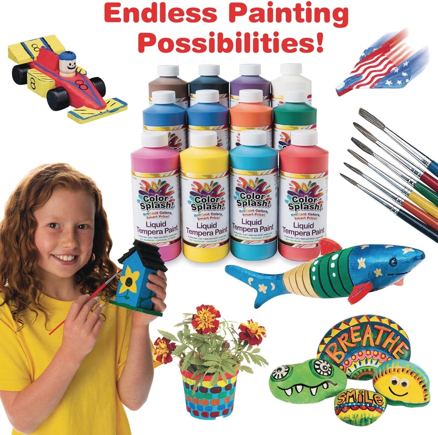 S&S Worldwide Color Splash! Liquid Tempera Bulk Paint, Set of 12 in 11 Bright Colors, 16-oz Easy-Pour Squeeze Bottles, For Arts & Crafts, School, Classroom, Poster Paint, For Kids & Adults, Non-Toxic
