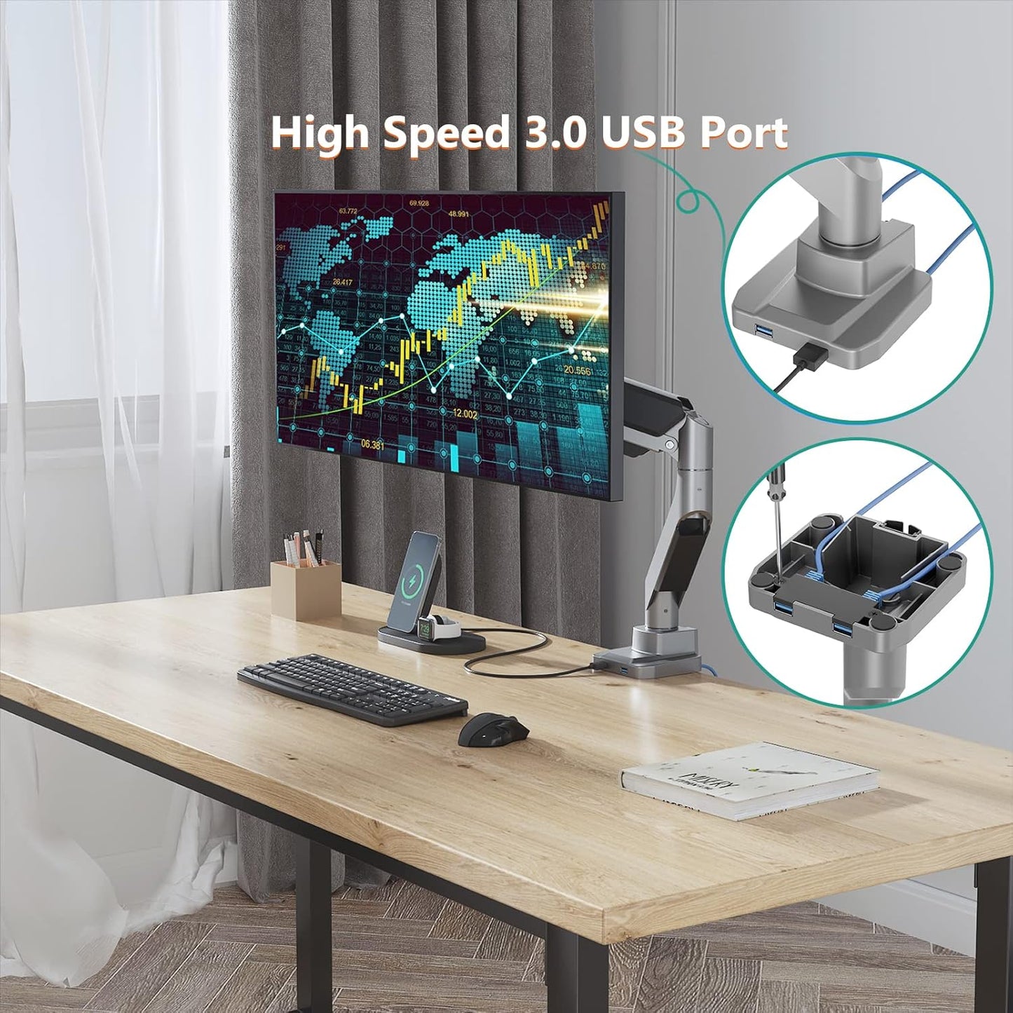 WALI Ultrawide Monitor Arm for 13 to 49 Inch Heavy Duty Curved Screens, Adjustable Gas Spring Single Monitor Desk Mount with 2 USB 3.0 Ports, Holds 33 lbs, 75x75/100x100 VESA, Silver (GSMU001)