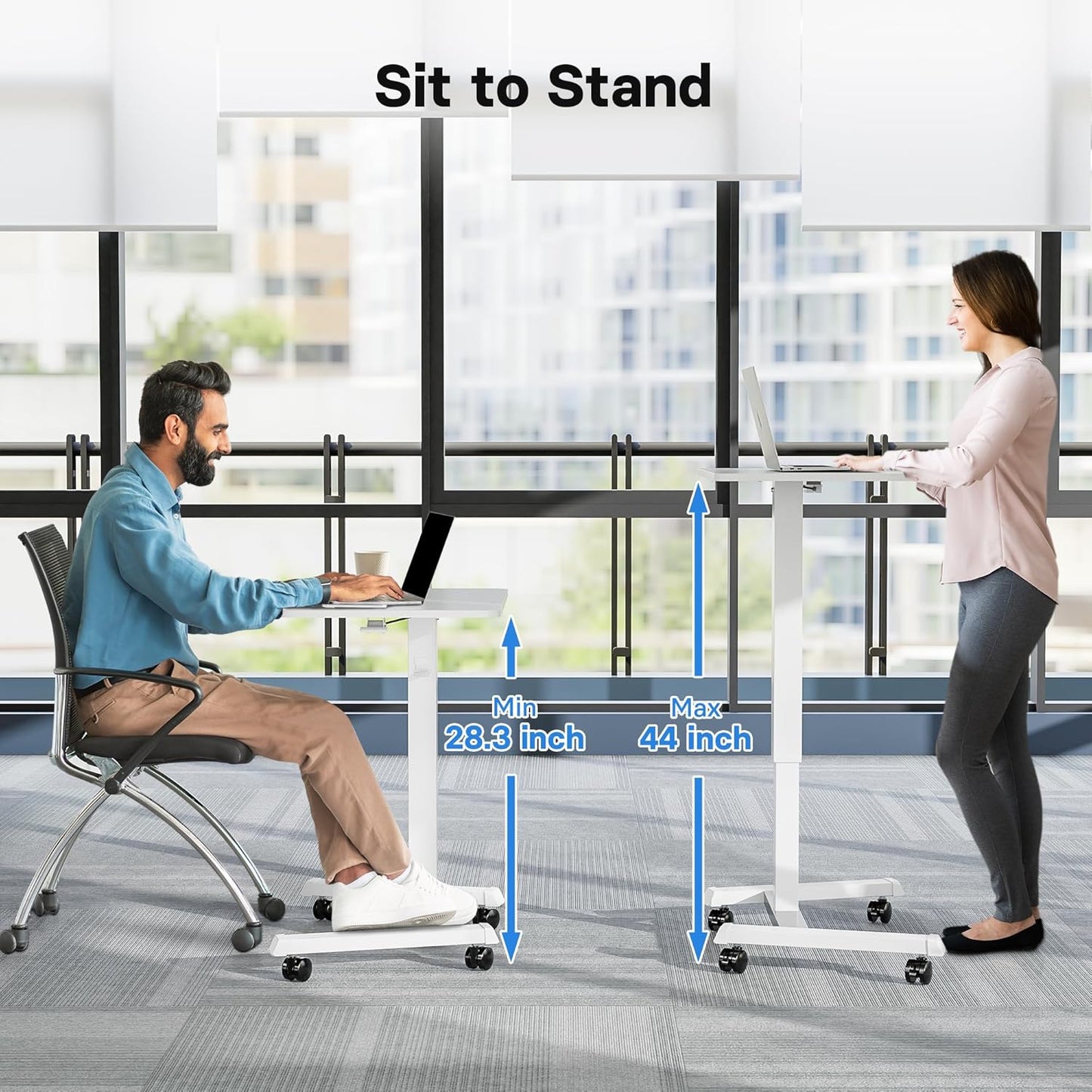 BONTEC Mobile Standing Desk Adjustable Height, Rolling Laptop Cart with Hook, Portable Workstation with Pneumatic Lift, Ergonomic Table with Wheels, Compact Home Office Desk, White 25.6" x 17.7"