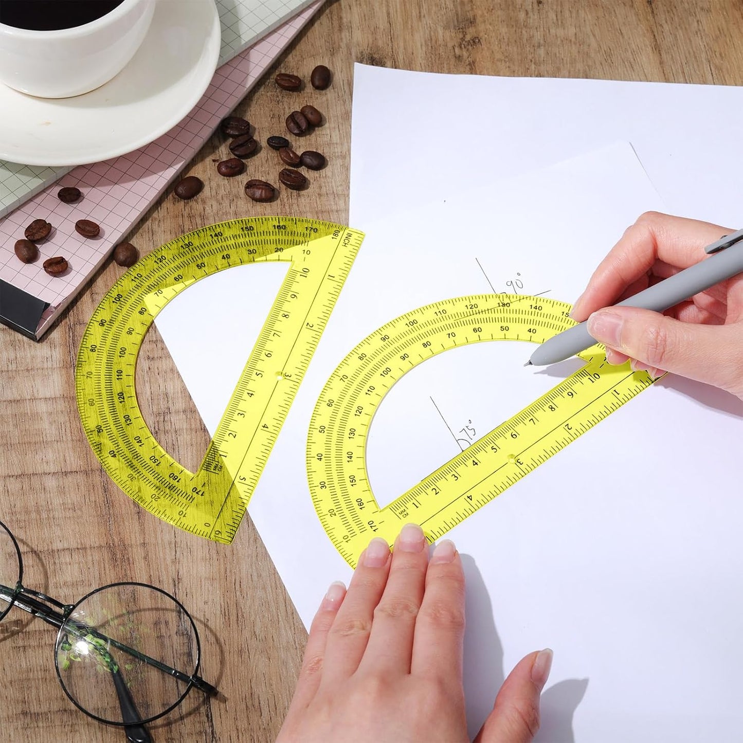 Zonon 2 Pcs 6 Inch Plastic Protractor Math Protractors 180 Degrees Angle Measurement, Translucent for Geometry Classroom Kid Student School Office Supplies(Yellow)