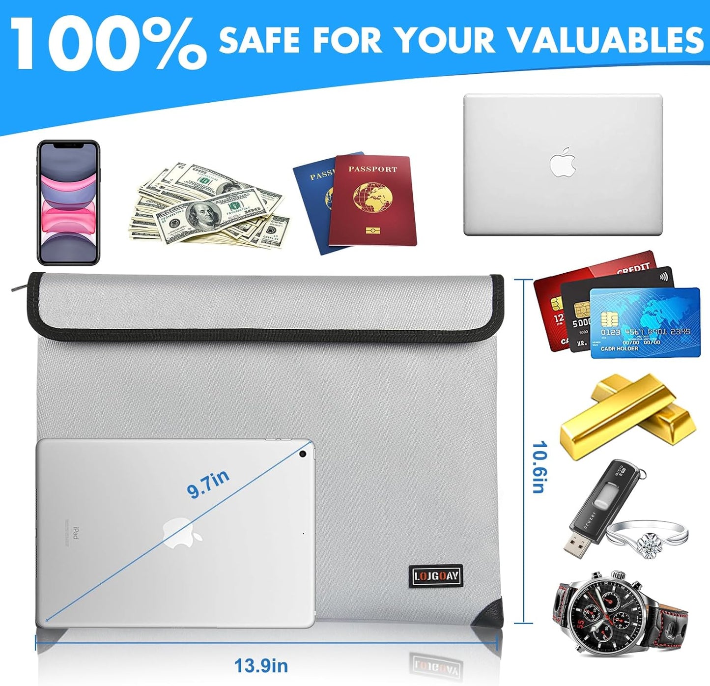 Waterproof Fireproof Document Bag - 5200°F with Heat Insulated, fireproof bags with Zipper, Fire Safe Envelope Bag for Cash/Important Documents/Valuables, 13.9"x10.6" fire proof money bag