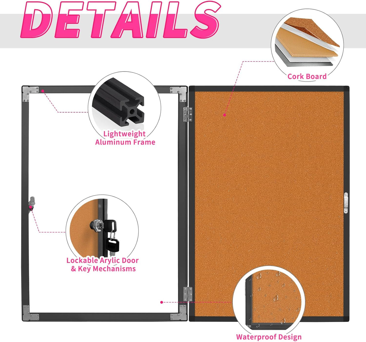 Enclosed Bulletin Board, Cork Noticeboard Board with Clear Acrylic Locking Door, Wall-Mounted Display Case for Indoor, Message Board 36x24in (5xA4)