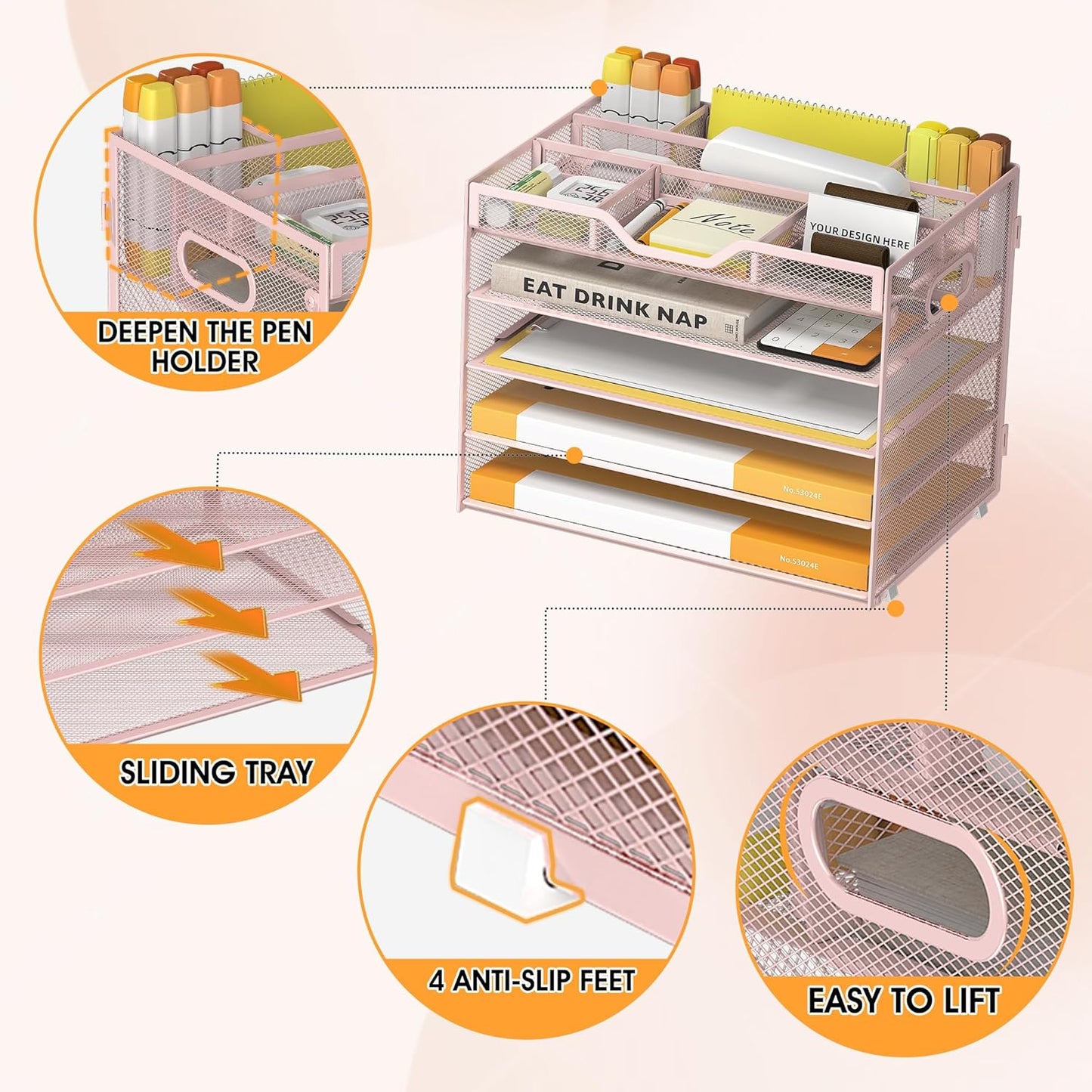 5 Tier Paper Letter Tray with 3 Drop-in Pen Holders, Mesh Desk File Organizer with Handle, Desk Organizers and Accessories for School,Home, Office Supplies Storage-Pink