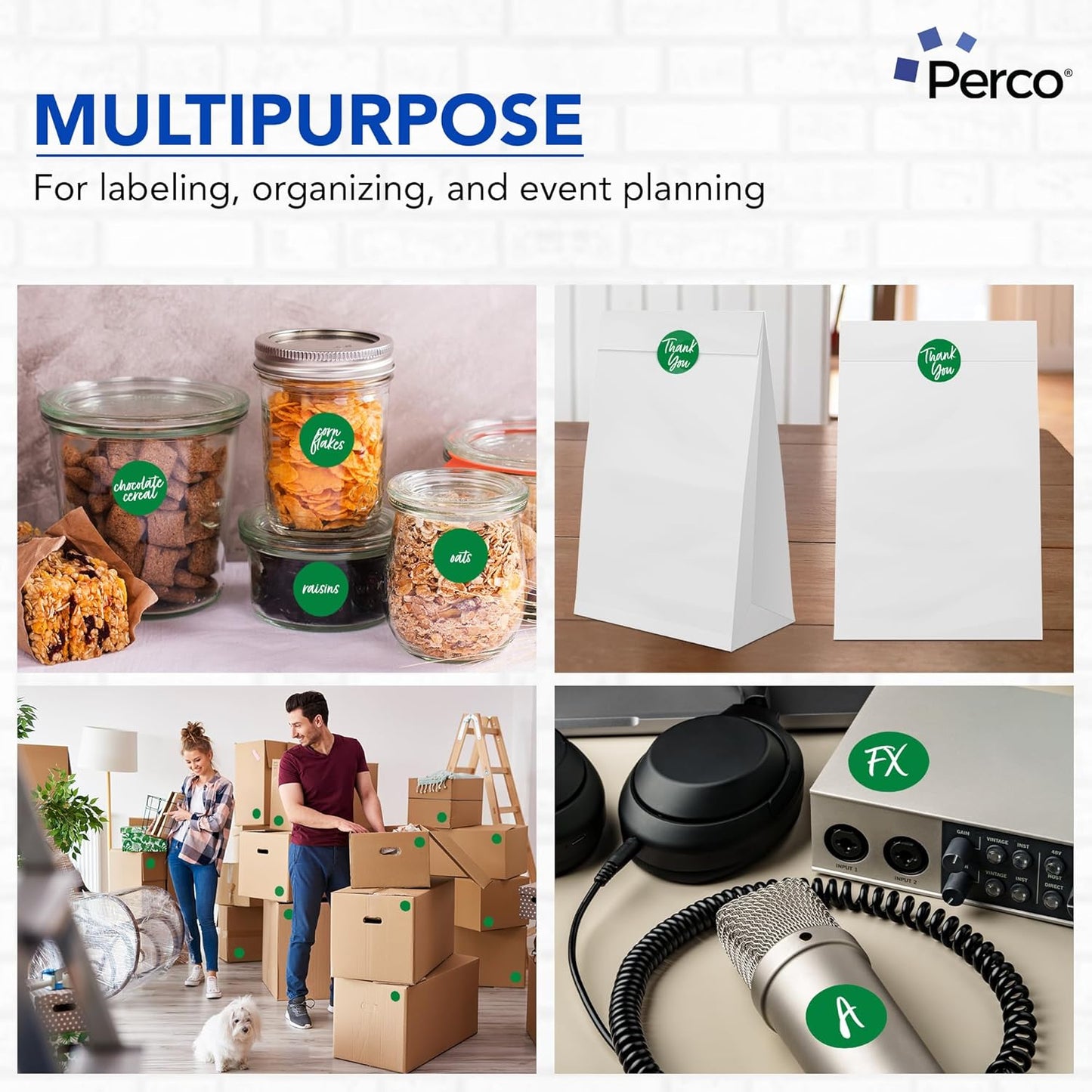 Perco Green 2-Inch Round Circle Dot Sticker Labels - Multi-Roll Pack (3 Rolls, 500 Labels Each) - Permanent Adhesive, Vibrant Colors, Strong Hold - Perforated for Easy Use - Made in USA