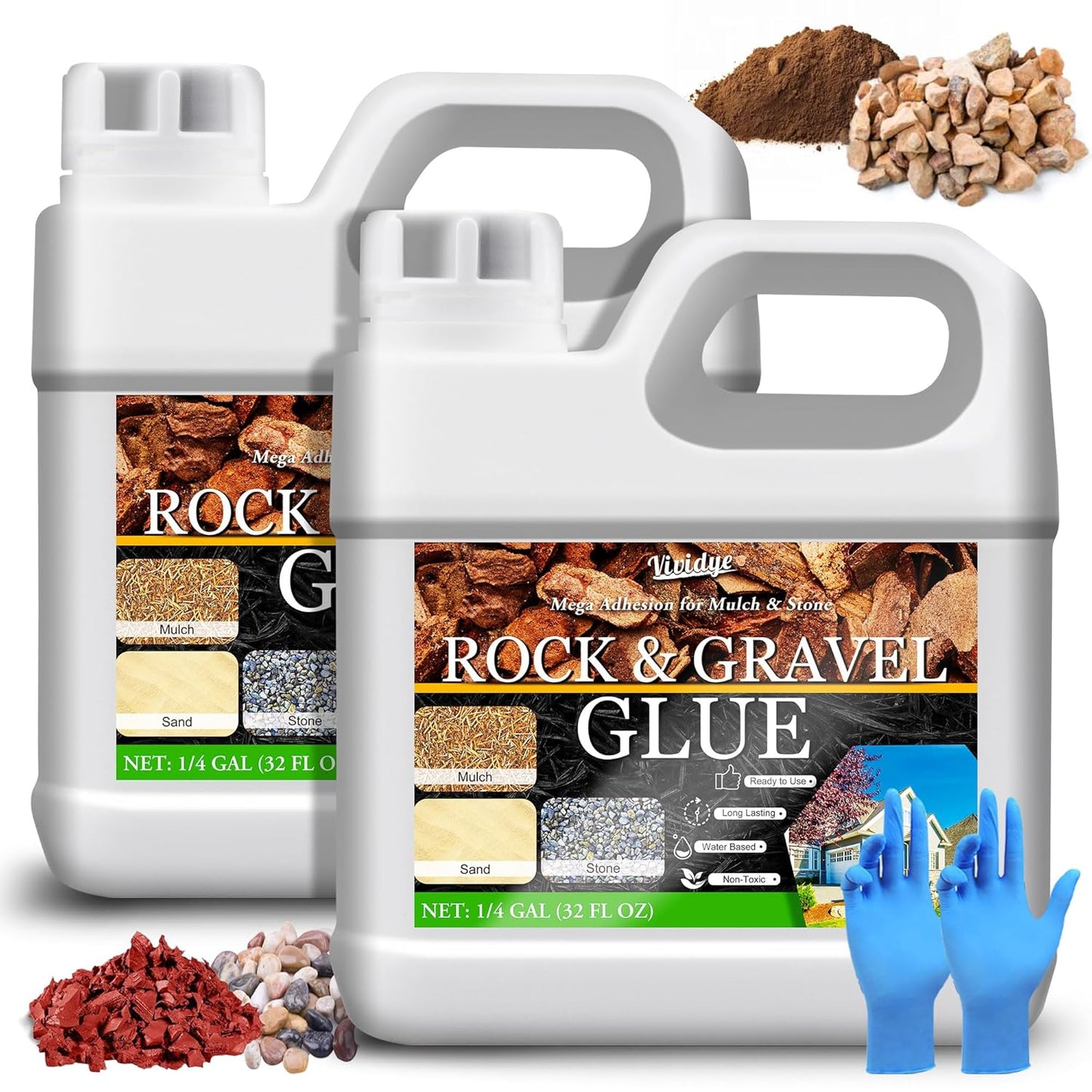 Mulch Glue & Gravel Binder - 64oz Rock Glue for Landscaping, Garden, Walkway - Strong Pea Gravel Stabilizer, Concentrate Mulch Adhesive Safe for Lockdown Sticky Stone, Pebble, Bark, Rubber, Pine Straw