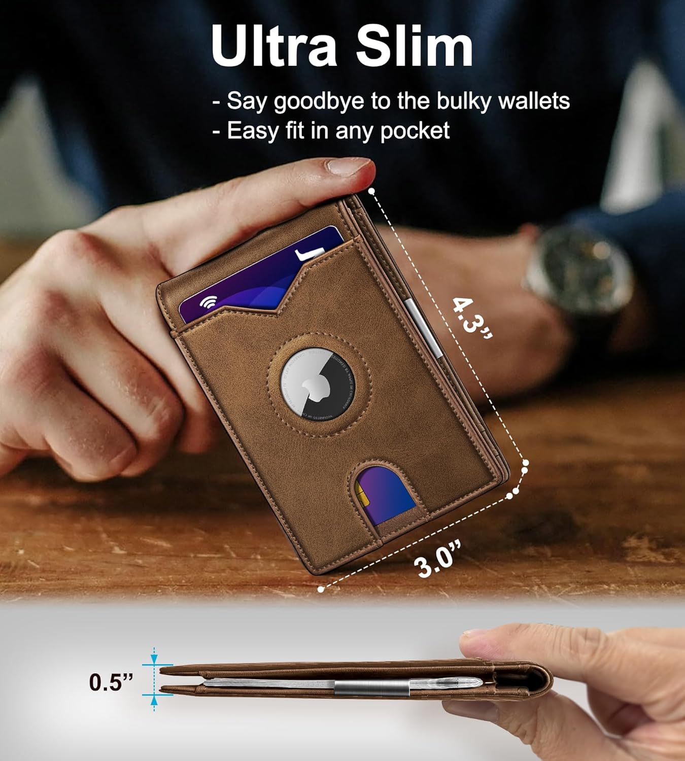 Airtag Wallet for Men,with Money Clip 11 Cards Slim Front Pocket Leather RFID Blocking Wallet with Gift Box