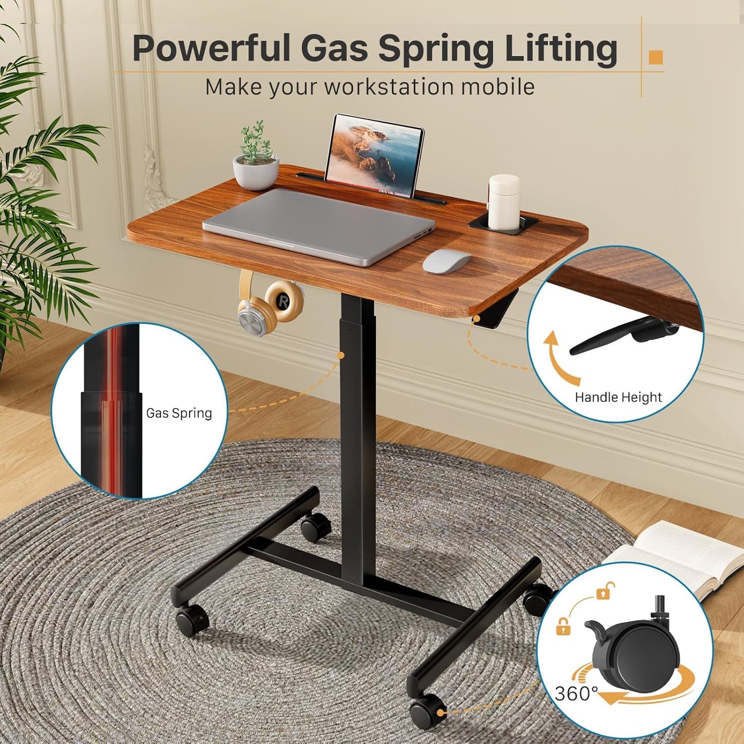 Mobile Standing Desk, Rolling Laptop Cart Adjustable Height with Cup Holder, 28 inch Portable Table with 4 Lockable Wheels, Walnut Computer Workstation with Hook and Slots for Home Office