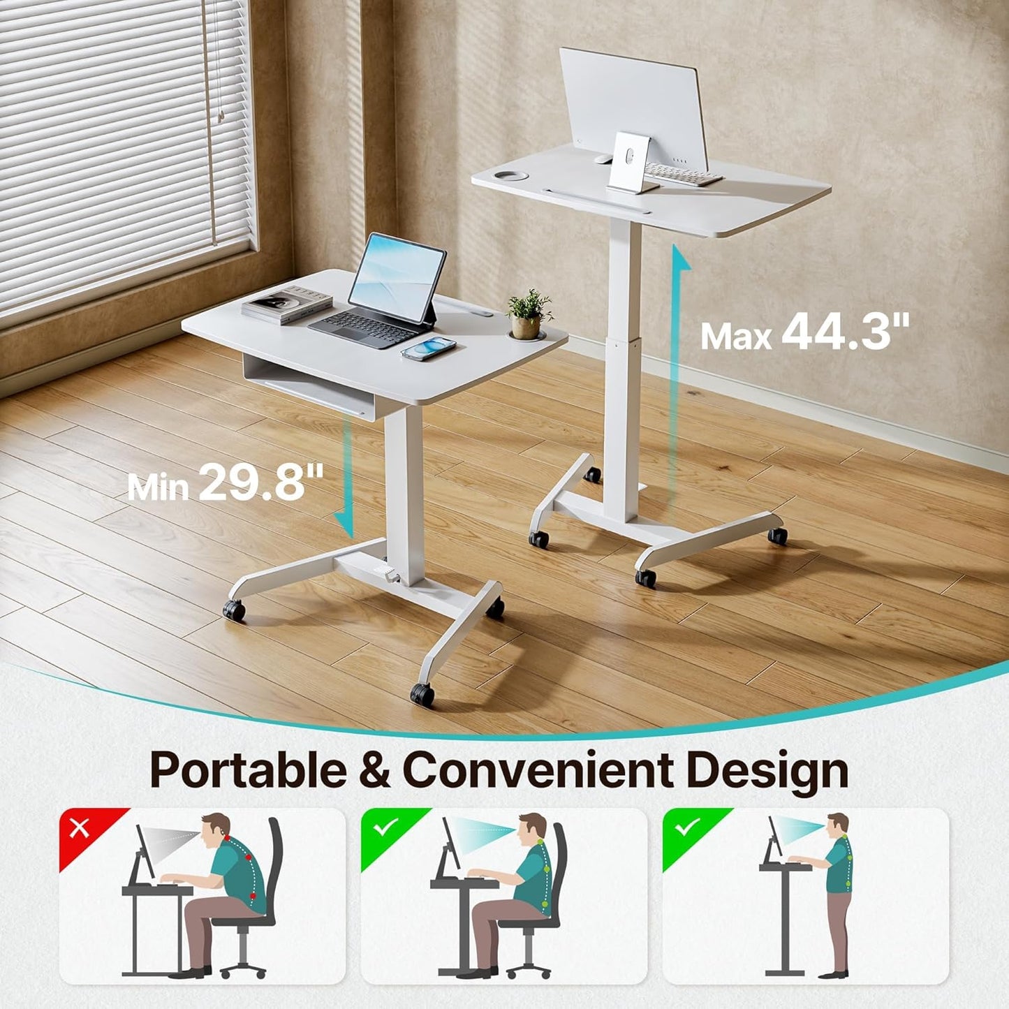 Standing Rolling Desk- 31.5' X 22' Extend Sanding Desk for Classroom, Height Adjsutable up to 44.3' Mobile Laptop Table with Wheels, Moveable Laptop Cart, Teacher Podium with Drawer, White