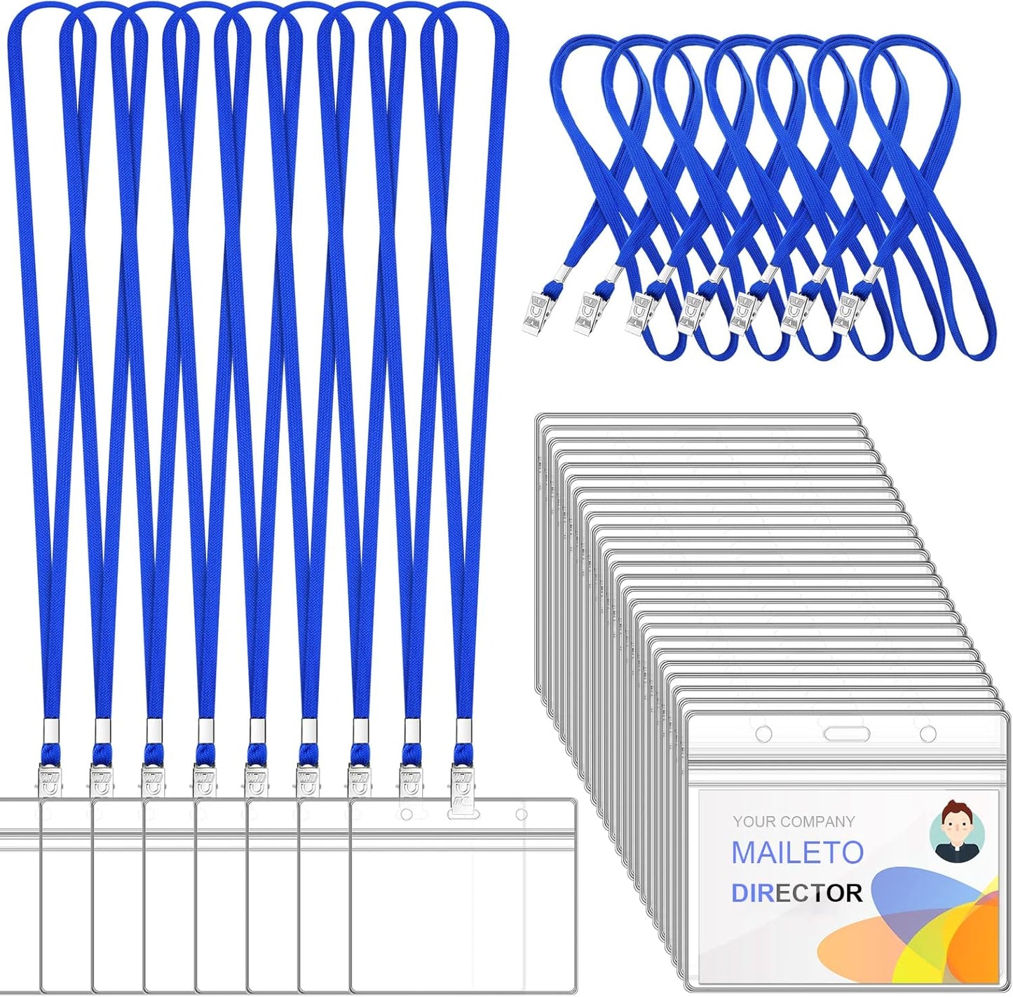 100Pcs Lanyards for Id Badges and 100 Pcs Clear Plastic Horizontal Name Badge ID Card Holders, Flat Neck Lanyards with Clip Waterproof Resealable Name Tag Badge ID Card Holders, Blue