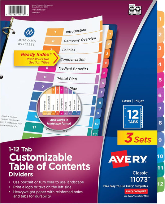 Avery Dividers for 3 Ring Binders, 12 Tabs per Set, Customizable Table of Contents, Multicolor Tabs, Great for Organizing Reports, Projects, and More (3 Sets of 11073)