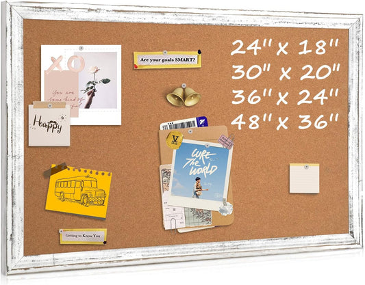 Cork Board Bulletin Board, 30" x 20" Rustic White Wooden Frame Corkboard for Wall, Hanging Vision Board, Pin Board for Home Room Dorm Office Decor