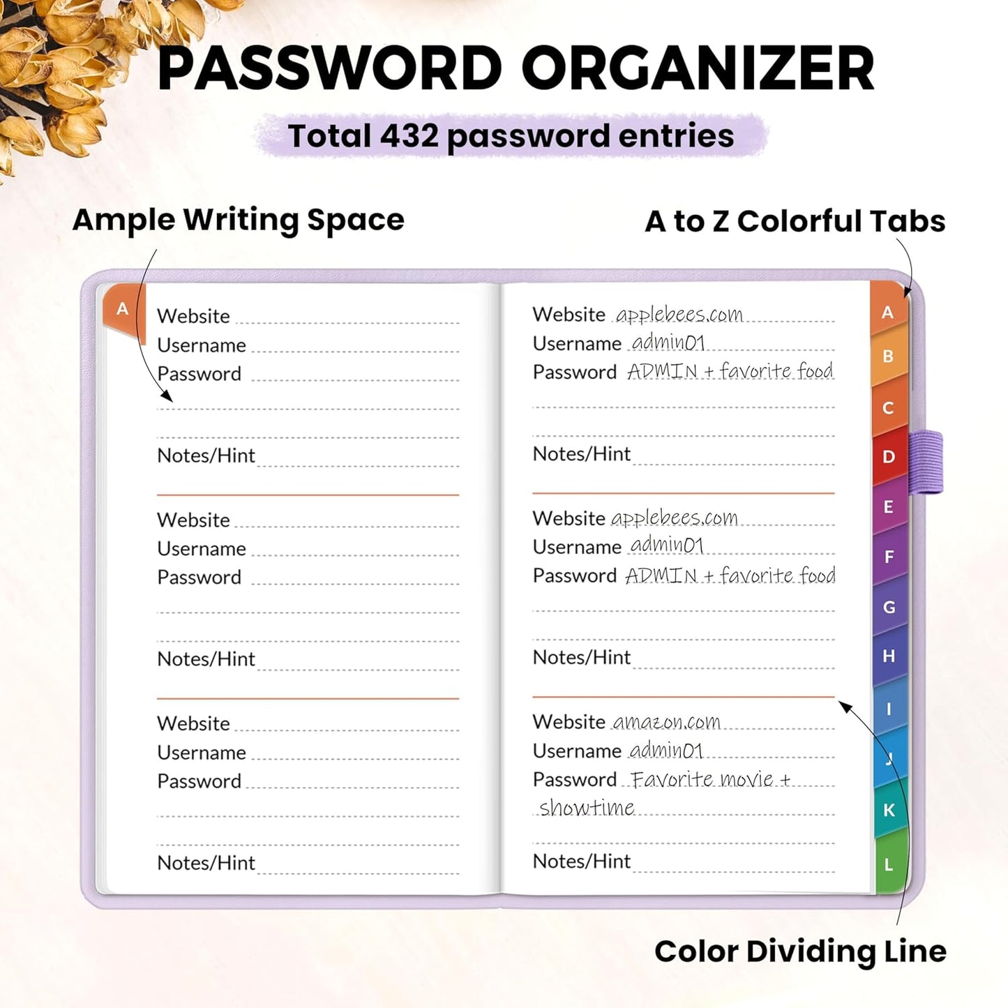 SUNEE Password Keeper Book with Colorful Alphabetical Tabs, Small Pocket Password Book for Internet Website Address Login, Gifts for Home and Office, 4''x 6''- Purple