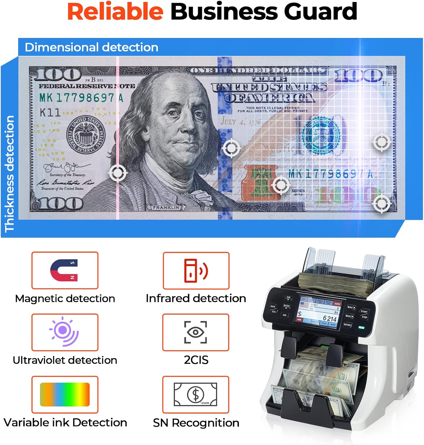 MUNBYN IMC40 2-Pocket Money Counter Machine Mixed Denomination and Sorter, Built-in Printer, Sort on DENOM/FACE/ORI, Value Counting, Counterfeit Detection 2 CIS/UV/MG/IR, Touch Screen, 2Y Protection