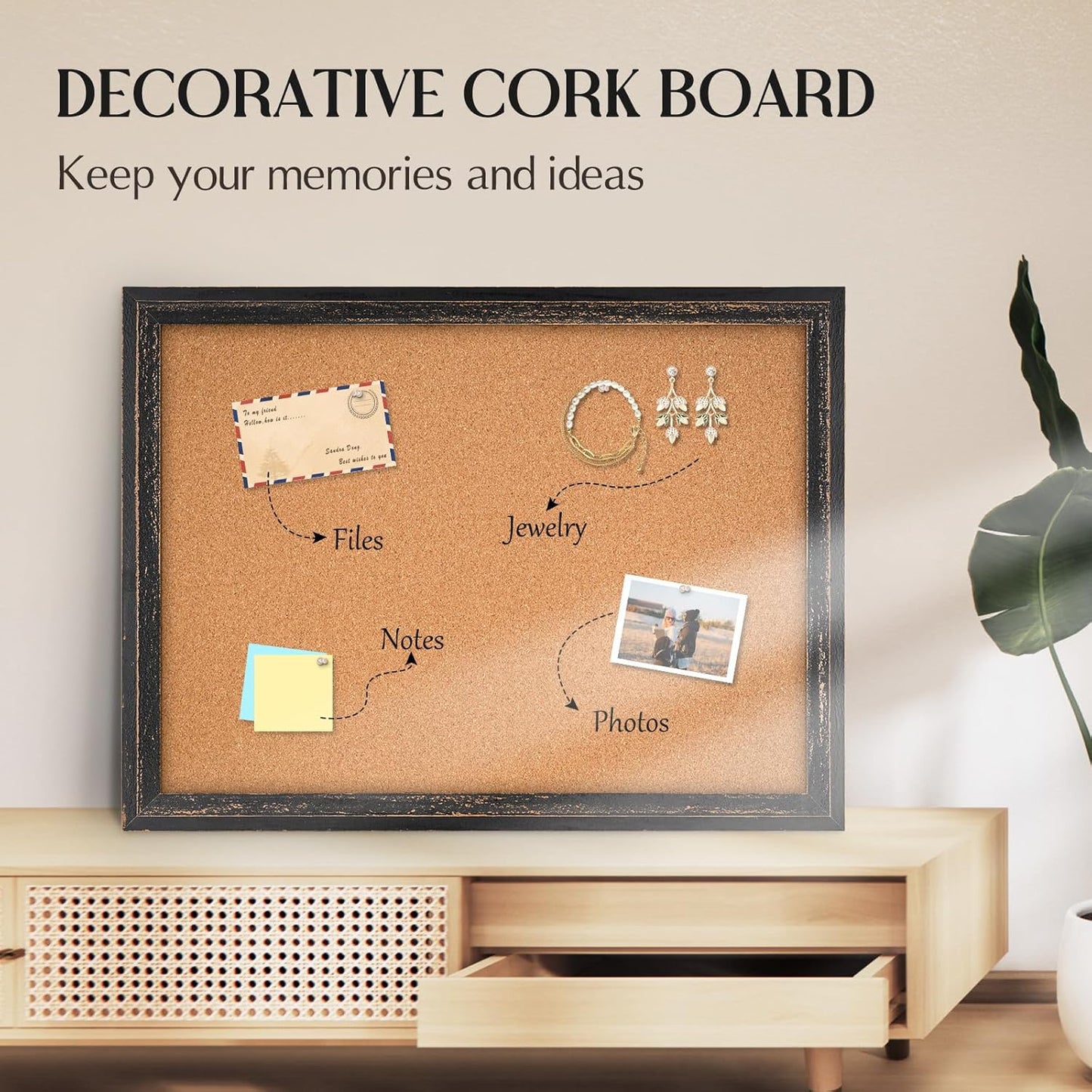 Cork Bulletin Board, 36" x 24" Corkboard for Wall, Rustic Black Wooden Frame, Hanging Pin Board for Home & Office Decor, 10 Push Pins