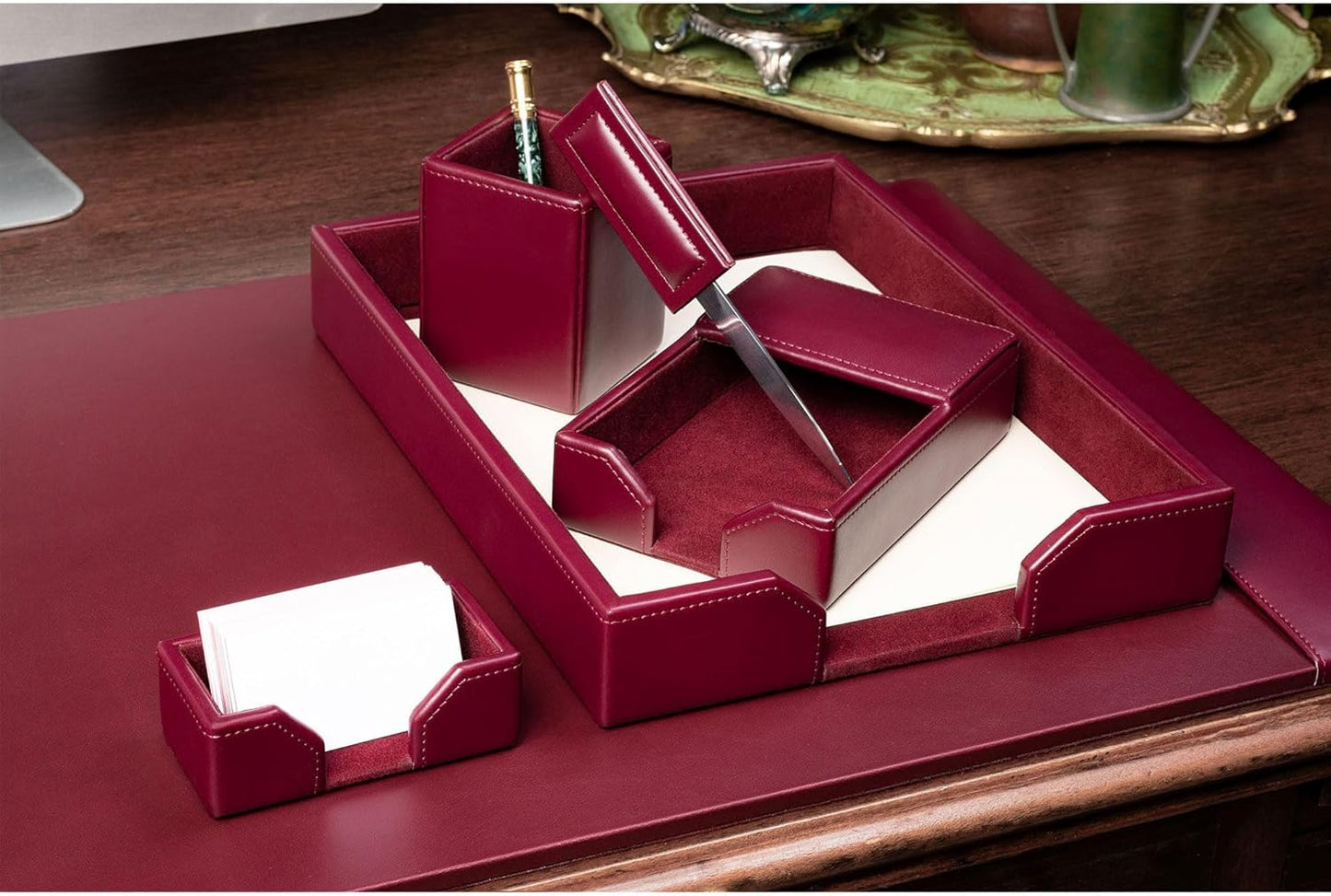 Dacasso Burgundy Bonded Leather Luxury 6-Piece Desk Accessory Set - Blotter Pad & Desk Organization Essentials - Executive Decor and Surface Protector