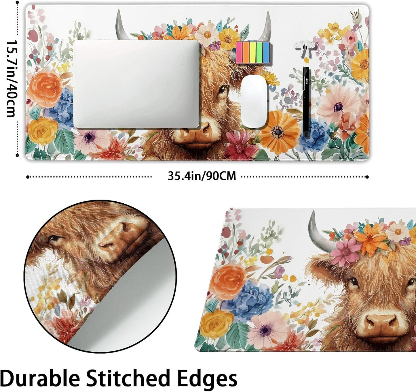 Aesthetic Highland Cow Gaming Mouse Pad XXL Cow Print Blue Orange Floral Extended Large Mat Mousepad Desk Pad Non-Slip Rubber Base Stitched Edge Flower Keyboard Pad Playmat for Computer,35.4×15.7 in