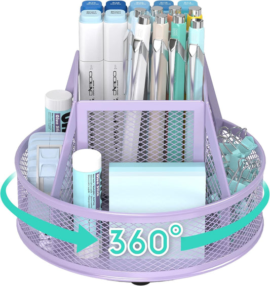 YINGHUA Metal Mesh Desk Organizer with 5 Compartments and Rotating Pencil Holder Pen and Stationery Organizer for Office Home School Anti Slip Base Purple
