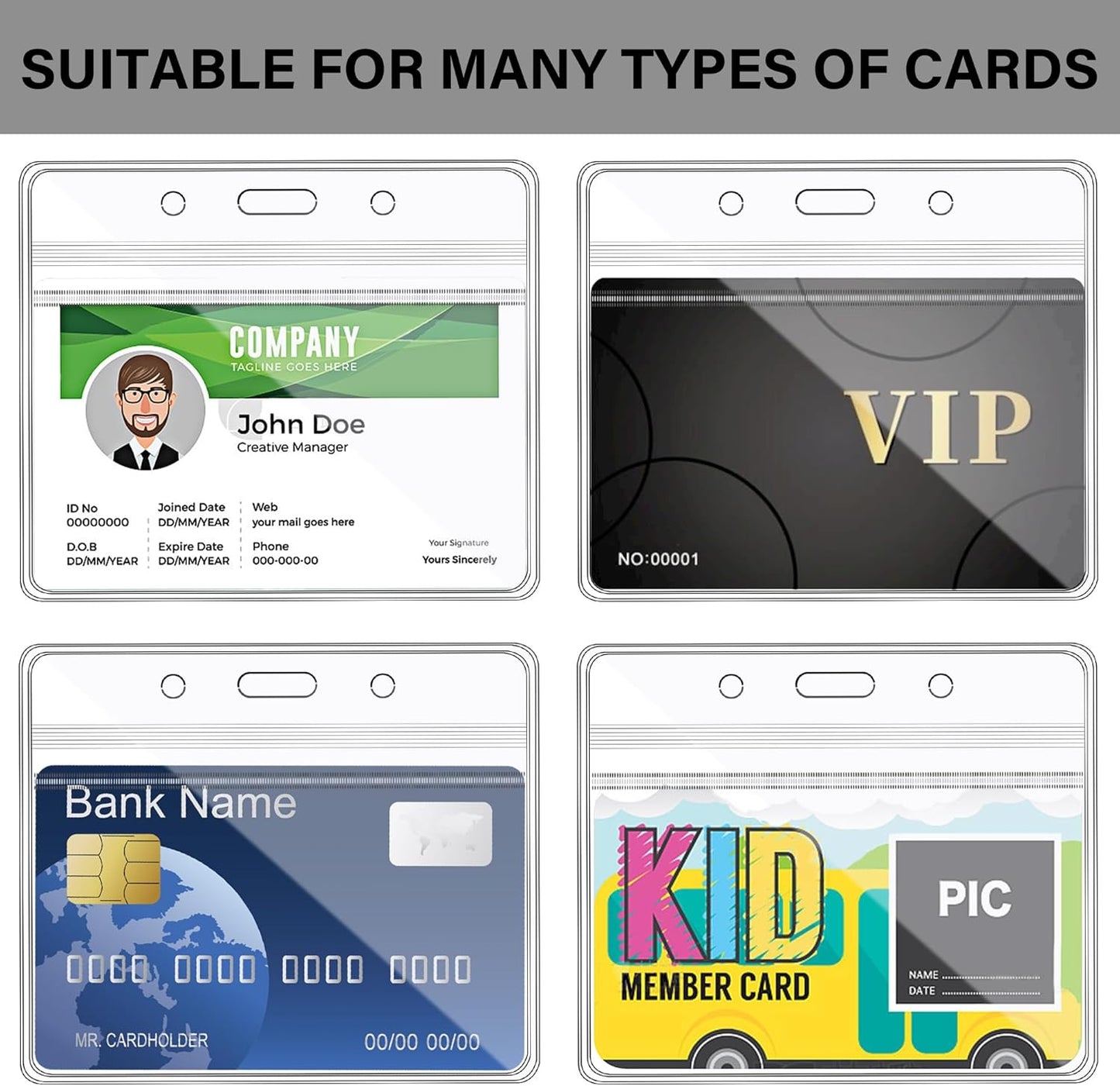 Happy Trees Badge Holder Horizontal ID Card Protector, Name Tag Badge Holders with Resealable Zip, Clear PVC Plastic Sleeves, Pass Case Credential Pouch for Office, School (8 Pack)