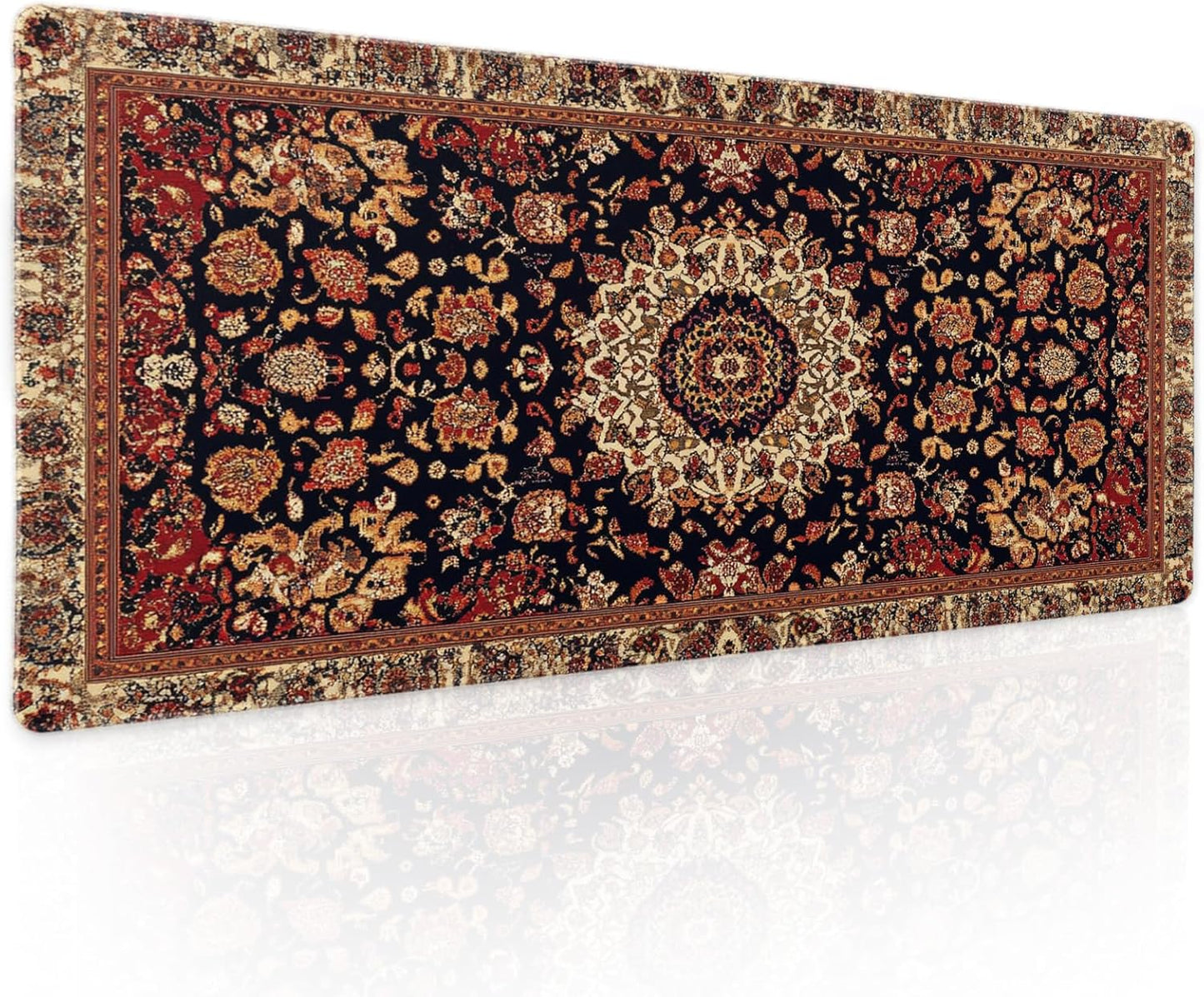 Vintage Rug Gaming Mouse Pad XL Dark Brown Retro Carpet Aesthetic Extended Large Mat Mousepad Desk Pad Non-Slip Rubber Base Stitched Edge Flower Keyboard Pad Playmat for Computer,31.5×11.8 Inch