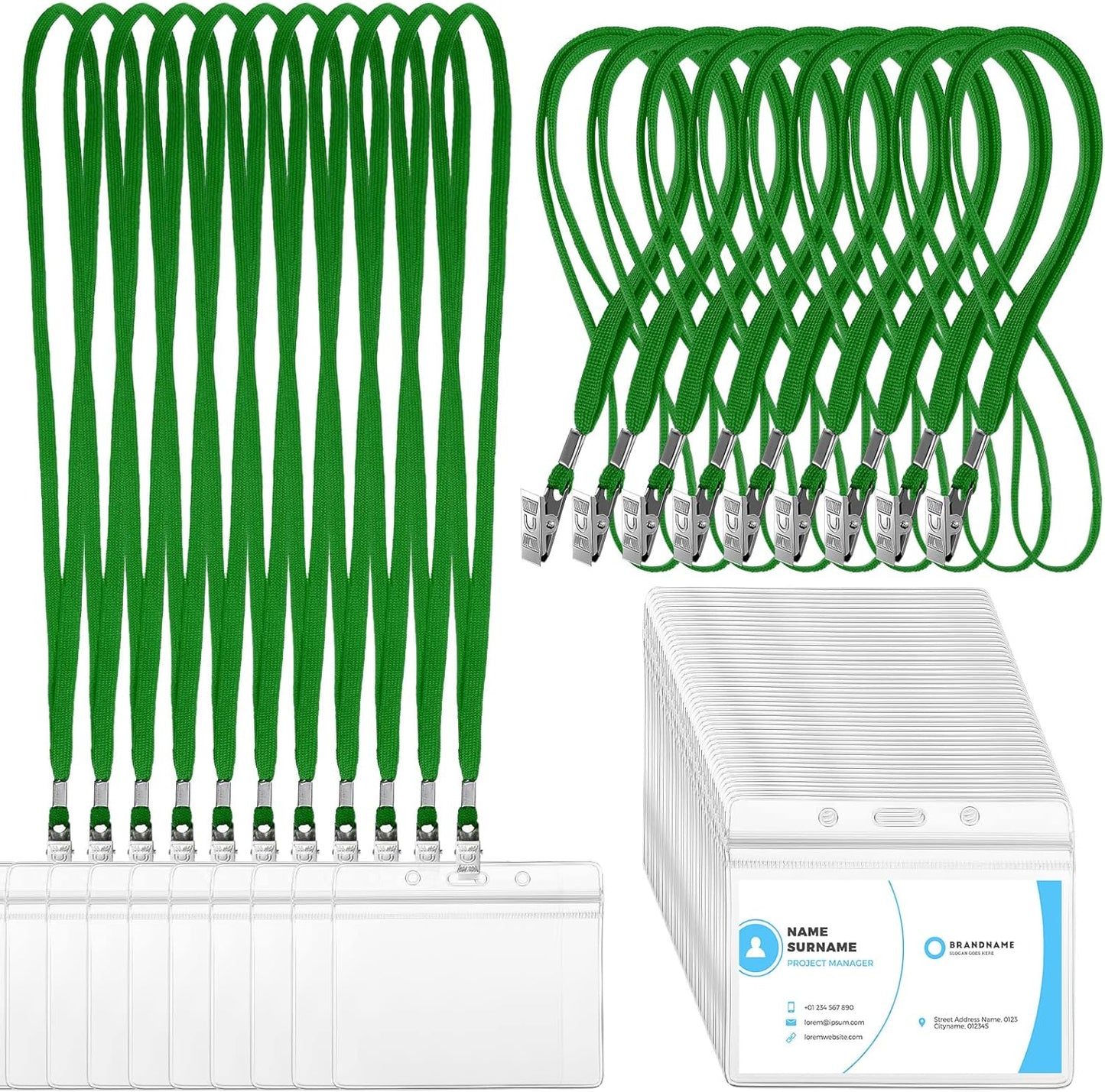 Marspark 100 Sets Clear Name Tags with Lanyard, Lanyards for ID Badges Reusable Strap with ID Holder Plastic Name Badges for Adults Business School Church Conference (Dark Green)