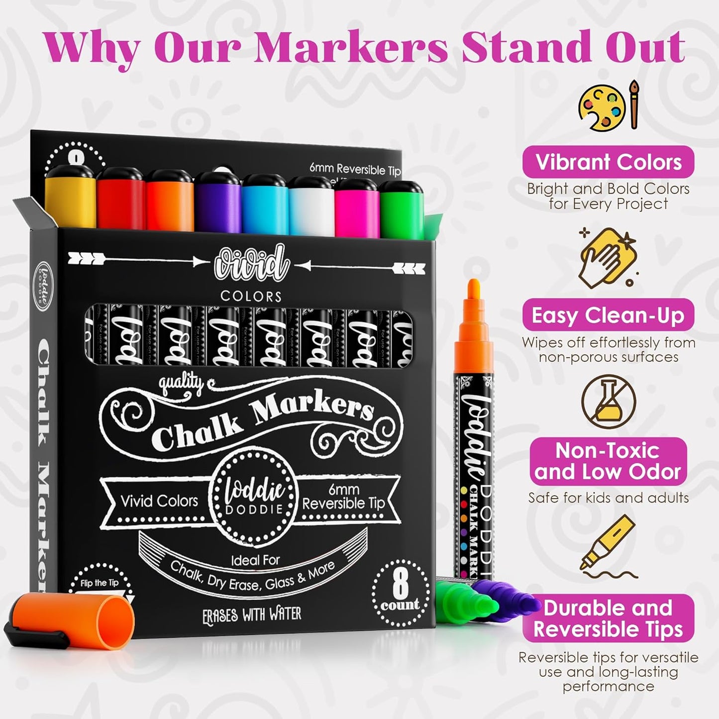 Loddie Doddie Liquid Chalk Markers - 8-Pack, 6mm Reversible Chisel & Bullet Tips - Erasable Neon Pens for Blackboard or Chalkboard - Chalk Markers for Blackboard