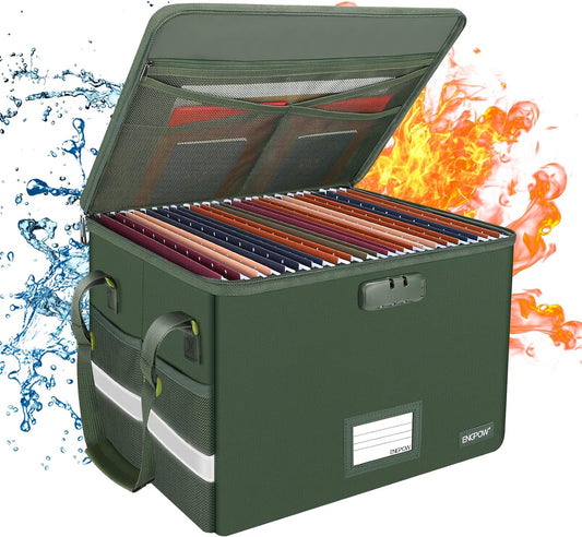 ENGPOW File Box with Lock, Fireproof Document Box with Zipper Lid, Collapsible File Storage Organizer Filing Cabinet with Handle, Portable Home Office Safe for Hanging Letter/Legal Folders, Green