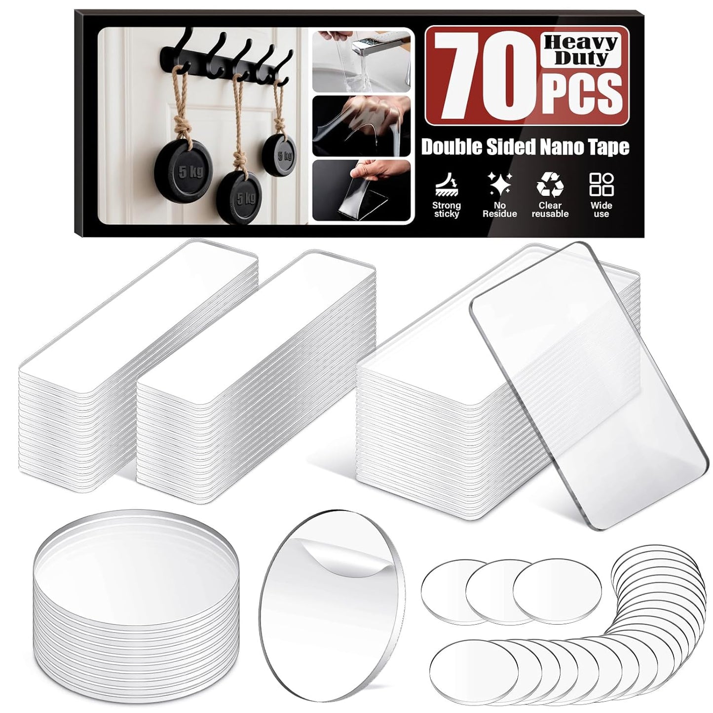 Navona 70 Pcs Pre-Cut Heavy Duty Double-Sided Nano Tape – 1 & 2 Inch Rectangular and Round Adhesive Strips, Transparent, Removable, Reusable Mounting Tape for Home and Office Use