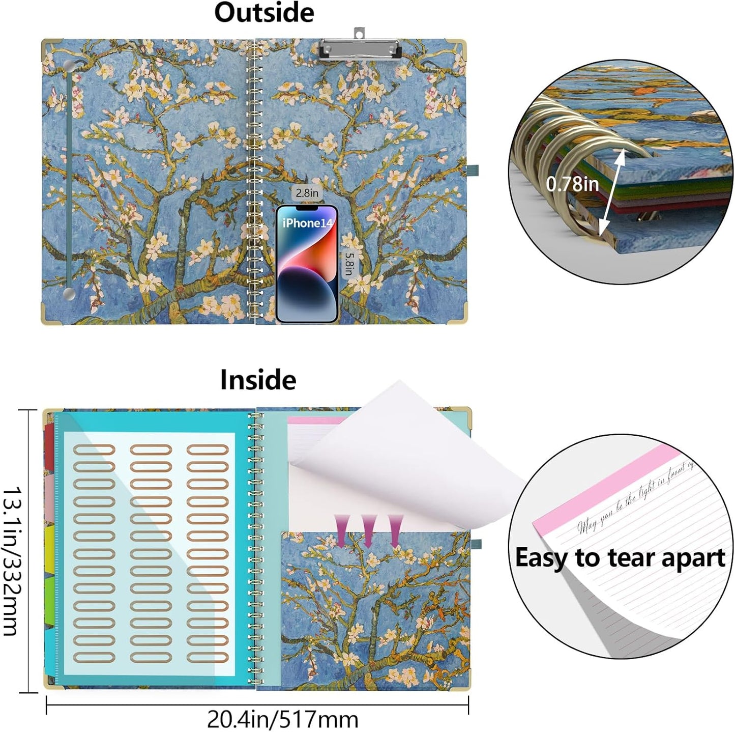 Foldable Clipboard Folio with Storage, 5 Plastic Folders with 10 Pockets,Refillable Lined Notepad (11" x 8.5"), Hardcover Project Organizer Nursing Teacher School Essentials(Almond Tree)