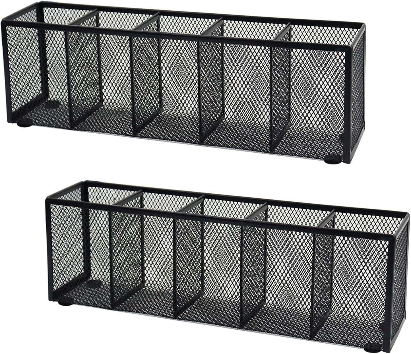 2PCS Black Mesh Pen Pencil Holder, Small Metal Desk Organizer Desktop Stationery Office Supplies Acessories Storage Stand, 5 Compartments Brushes Holder for Home School Classroom Teachers