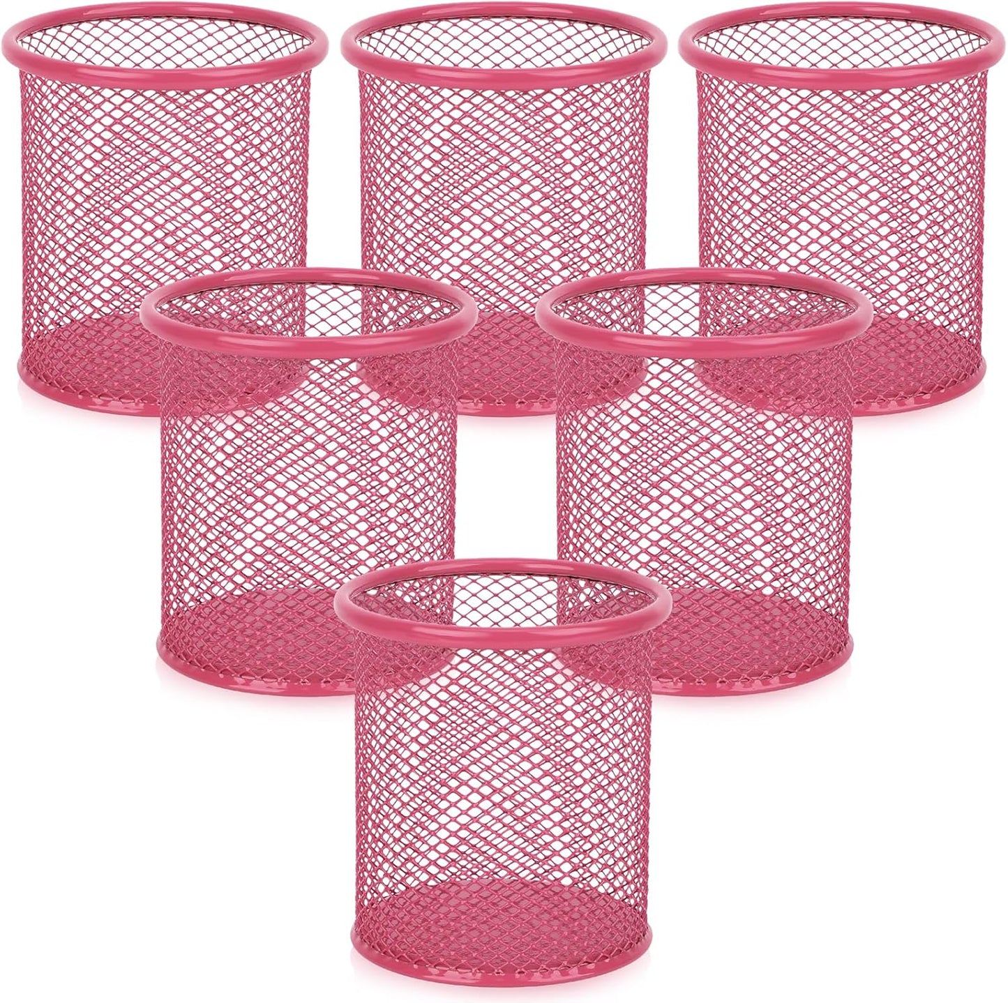 Segarty Pen Cup, 6 Pack Cute Dark Pink Pen Holder, Round Mesh Pencil Holder for Desk, Desktop Accessories Organizer for Office Supply, School, Home Storage, Makeup Brush Organization