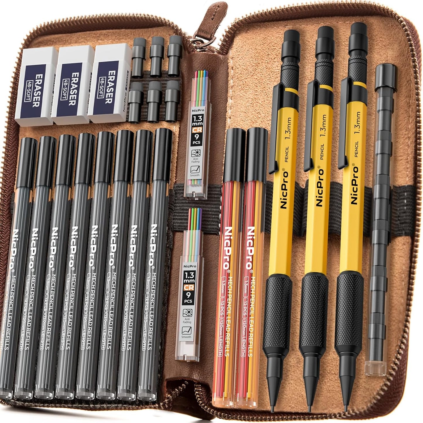 Nicpro 21PCS 1.3 mm Mechanical Pencil Set in Leather Bag with 138 Lead Refill, Eraser, Eraser Refills - Weatherproof Metal Barrel, Heavy Duty Carpenter Pencil for Outdoor Marking Drawing Woodworking