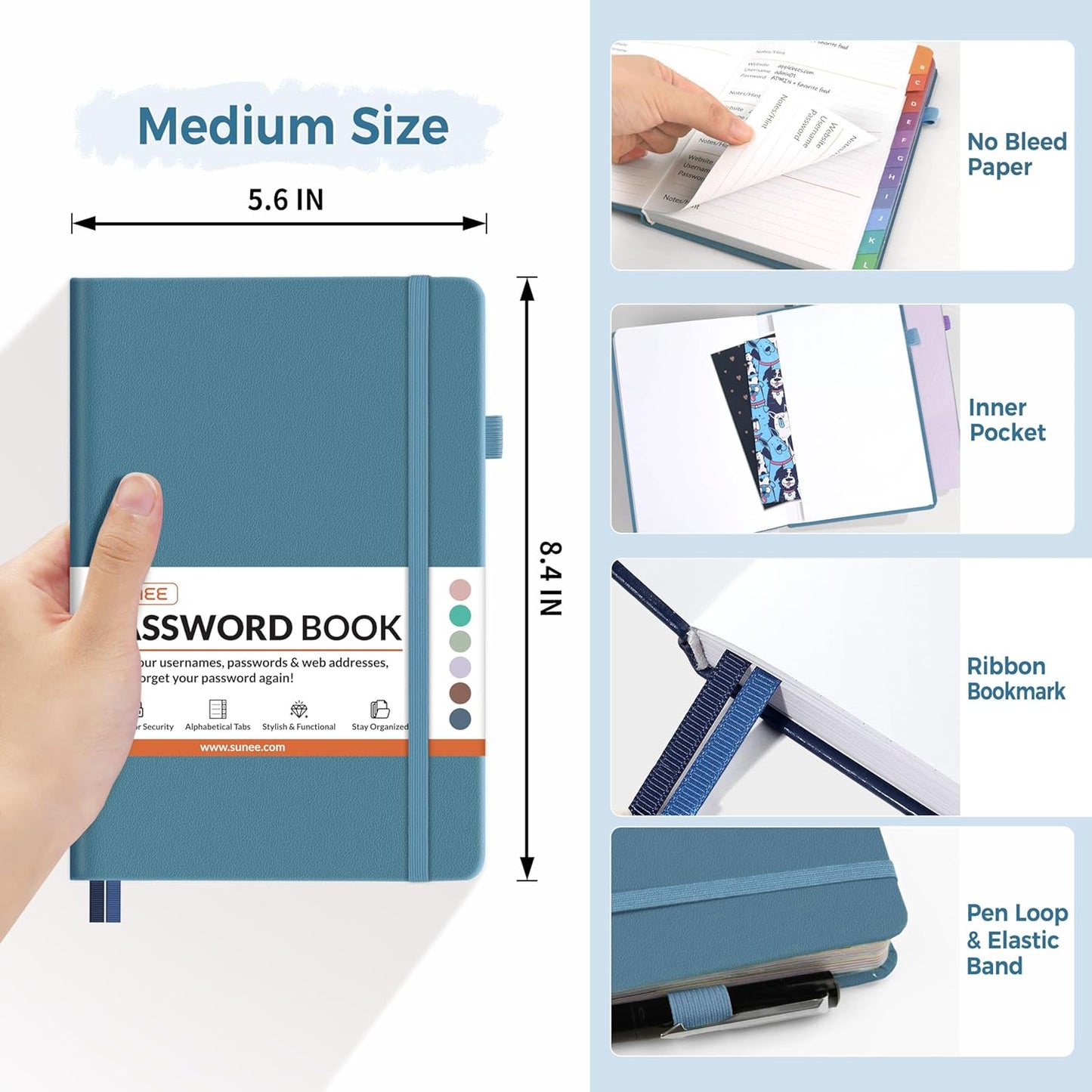 SUNEE Password Book with Colorful Alphabetical Tabs, Password Books for Seniors, Password Keeper Book for Computer and Internet Address Website Login, 5.3''x 7.7''- Petrol
