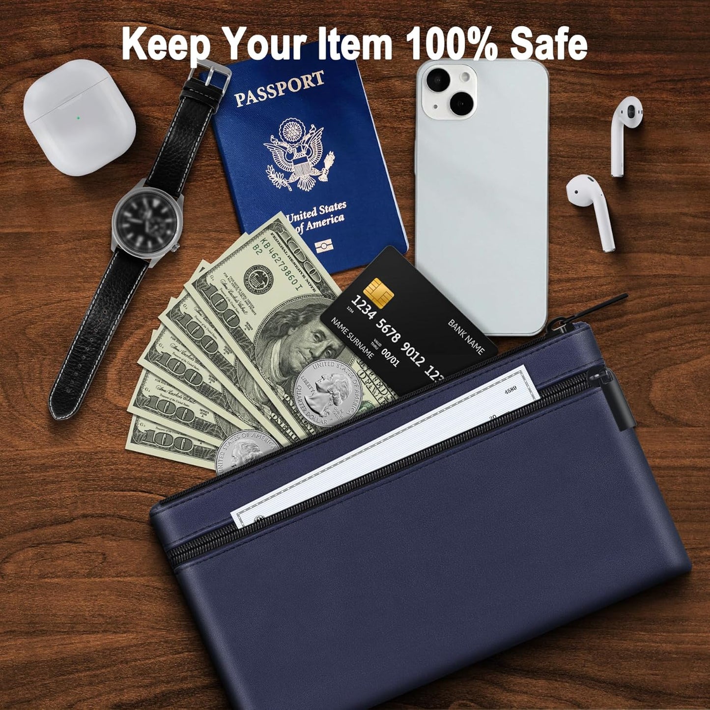 HAUTOCO Money Bag with Zipper 11x6.1 inch Money Pouch with Lined PU Leather Bank Bag Two Pockets Utility Wallet for Cash Check Receipt Coins Cosmetics, Dark Blue