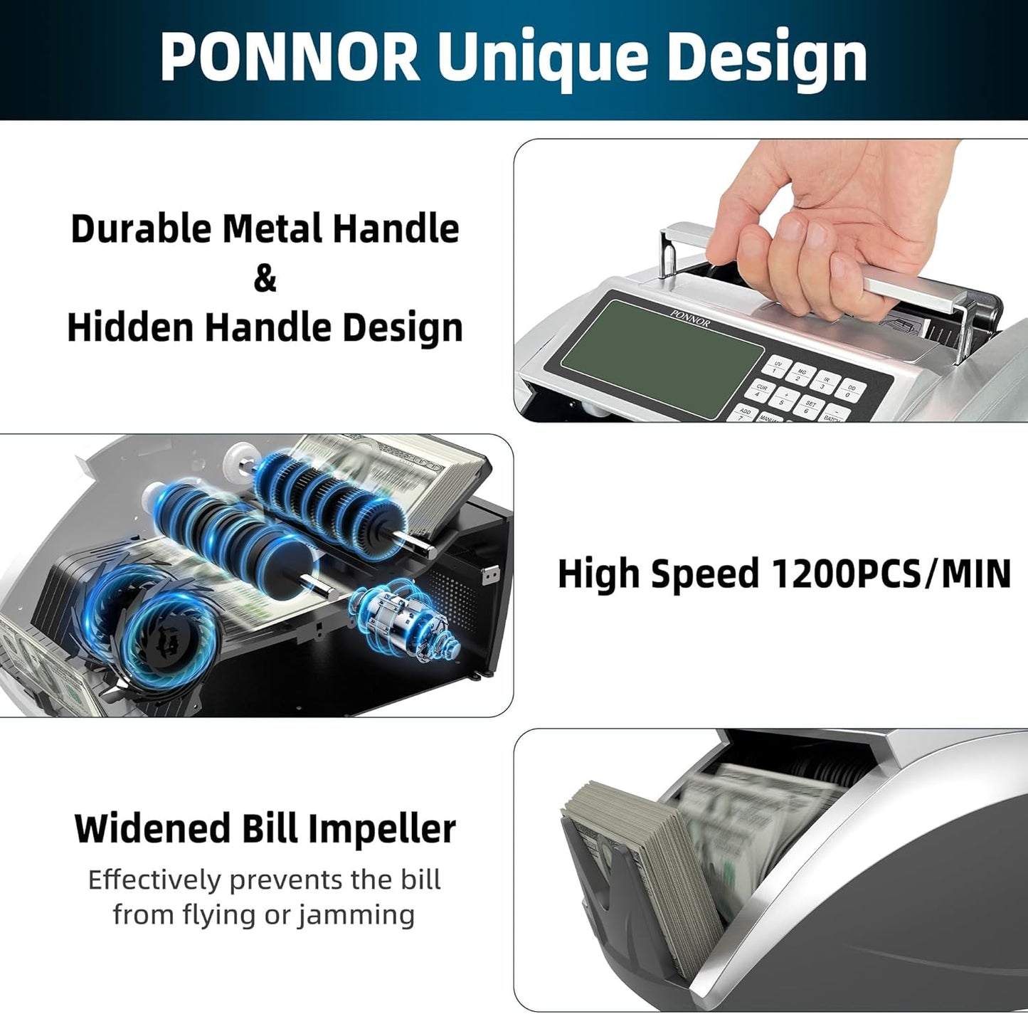 PONNOR Money Counter Machine with Value Bill Count, Cash Counter for Dollar, Euro with UV/MG/IR/DD/DBL/HLF/CHN Counterfeit Detection, Add/Bat/Value Mode Bill Counting Machine with Large LCD Display
