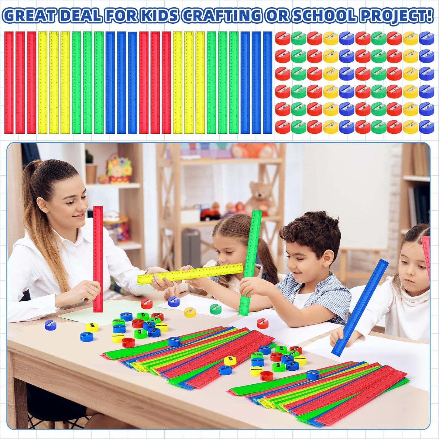 100 Pcs Plastic Rulers and 100 Pcs Mini Round Manual Pencil Sharpener Bulk, 4 Assorted Colors Pocket Sized Pencil Sharpeners Colorful Straight Ruler Back to School Supplies for Kids (Novel,12 Inch)