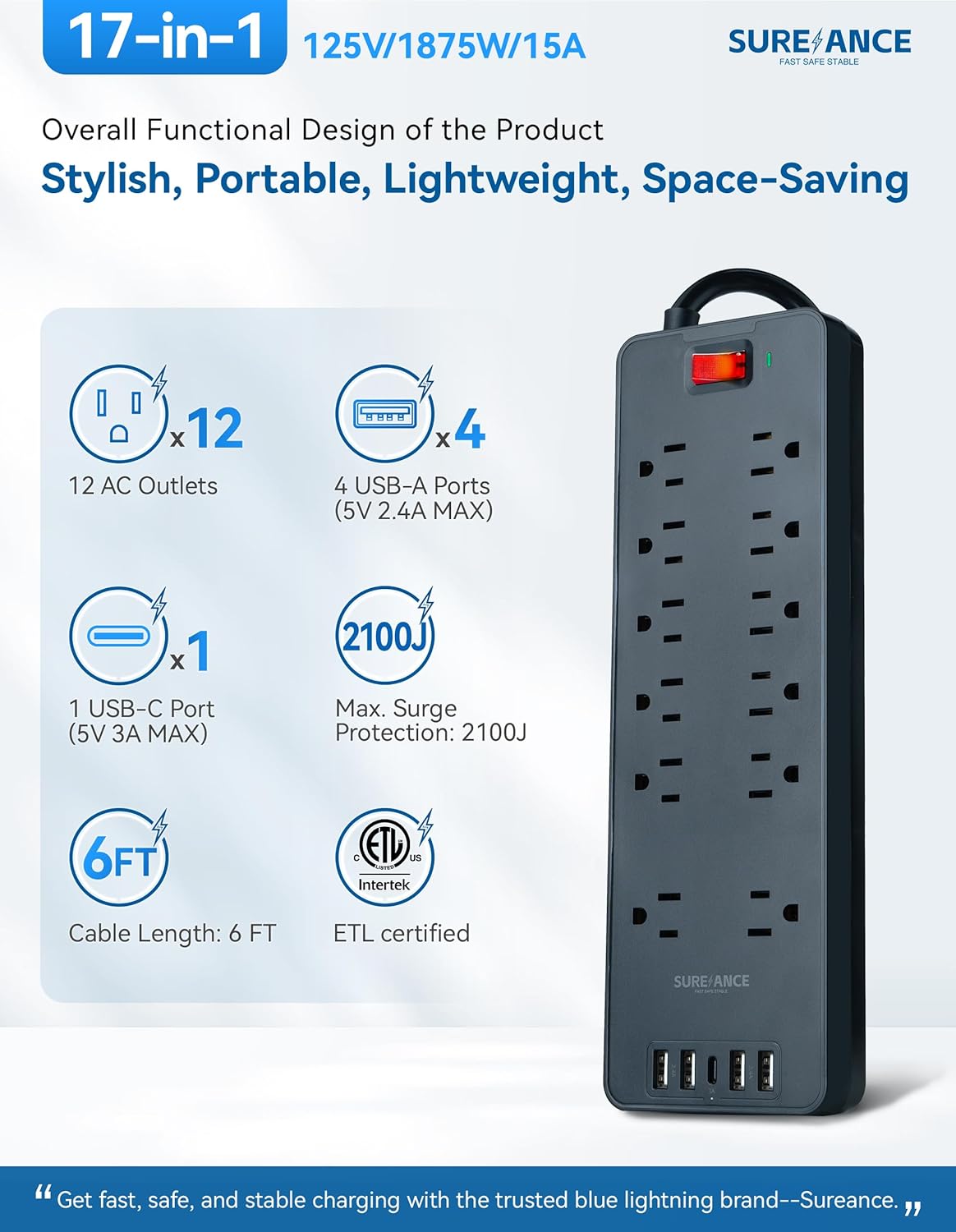 Surge Protector Power Strip - SUREANCE 12 Outlets Surge Protector Outlet Extender with 5 USB Ports, 6FT Flat Plug Extension Cord, 2100J, Mountable, Flat Plug, Heavy Duty, Widely-Spaced, ETL Listed