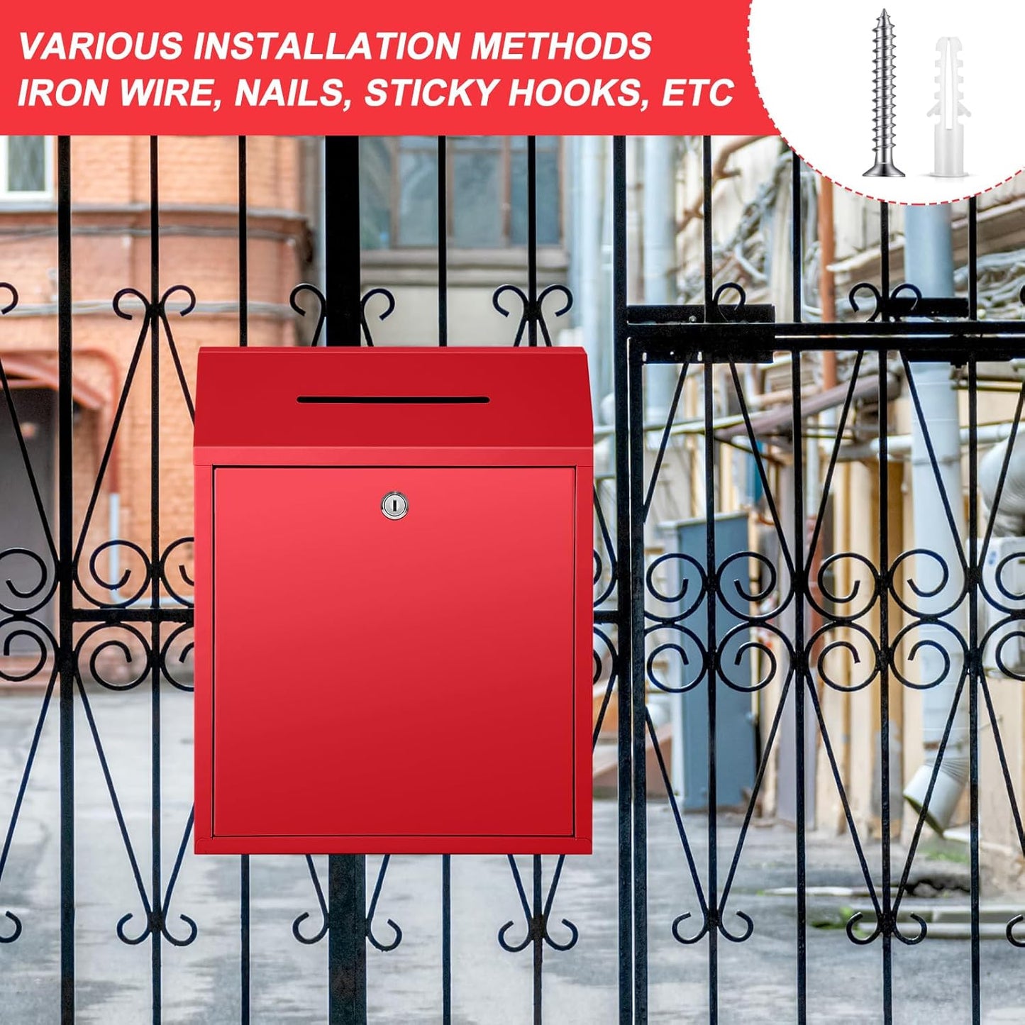 Metal Donation Cash Box Collection Safe Suggestion Box with Lock Wall Mounted Mailbox Delivery Ballot Container for Home Office Outdoor Door(Red,15 x 12 x 4 Inch)