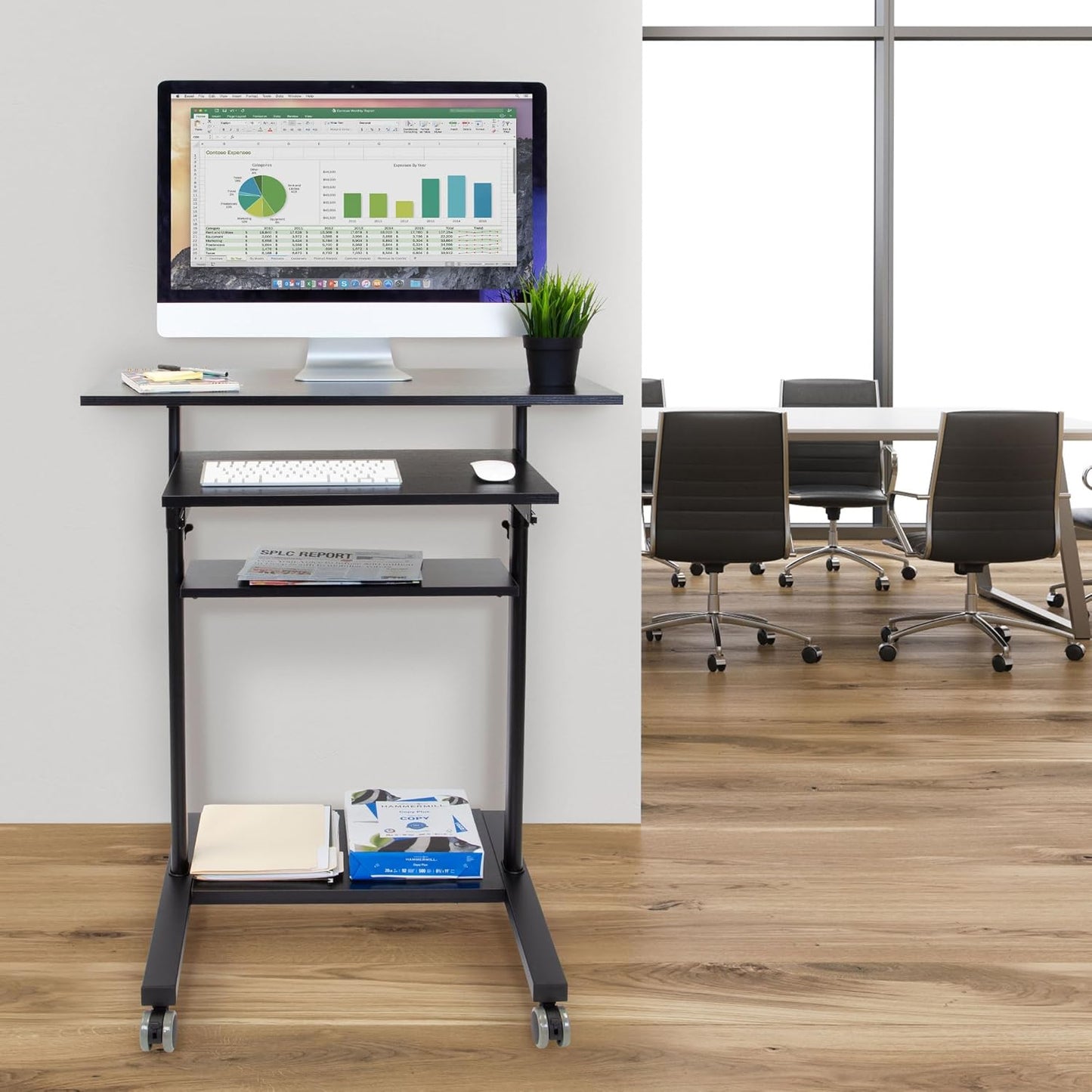 Mount-It! Mobile Standing Desk with Retractable Keyboard Platform | Height Adjustable Stand Up Computer Workstation | Locking Wheels, 99 Lbs Capacity