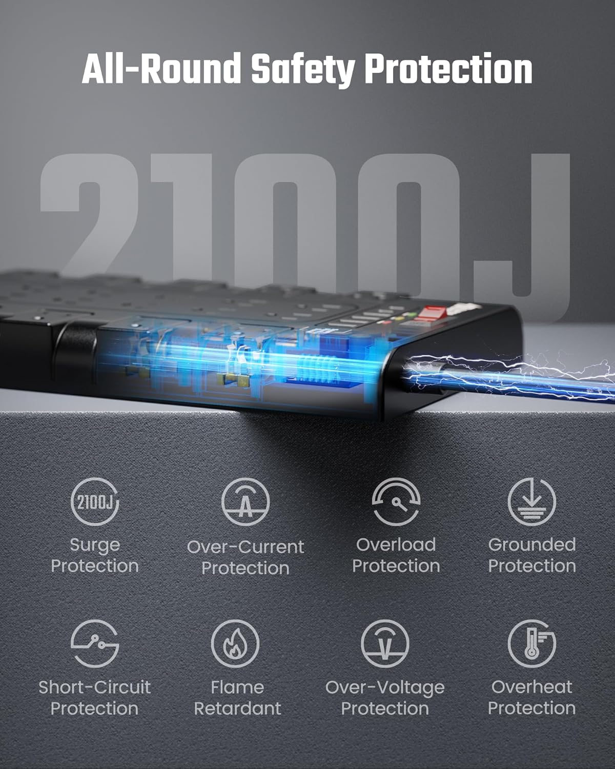 Surge Protector Power Strip, SUPERDANNY Charging Station 22 Outlets with 45W Type-C Fast Charging USB Ports, 4 USB-A, 2 USB-C, 2100J, 15A/1875W, 6.5Ft Flat Plug Extension Cord for Home Streaming Black