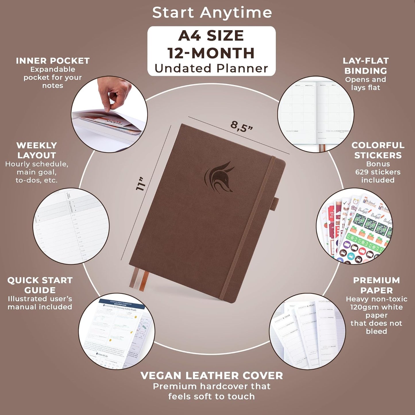 Clever Fox Planner PRO Schedule – Undated Weekly & Monthly Life Planner with Time Slots, Appointment Book & Daily Organizer, A4 (Dark Terracotta)