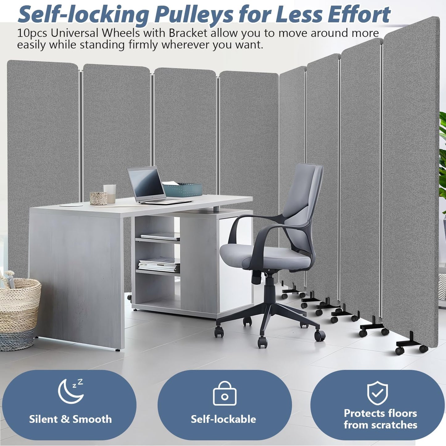 Acoustic Room Divider Privacy Panel with Wheels, 4 Panel Soundproof Room Divider (Aluminum Frame) for Room Partition, Folding Room Dividers Separation Office Cubicle Wall Sound Proof Partition Divider