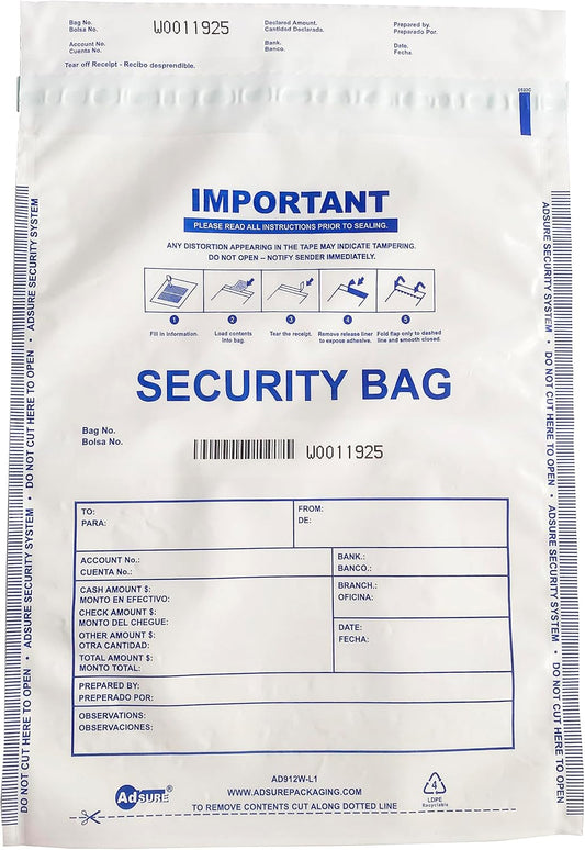 Plastic Bank Deposit Bags 9"x12"|Secure Bank Deposits,Cash Handling or Safe Currency Transportation | Sequential Barcodes | Tamper-Evident | Tear-Off Receipt for Security (White, 100 Pack)