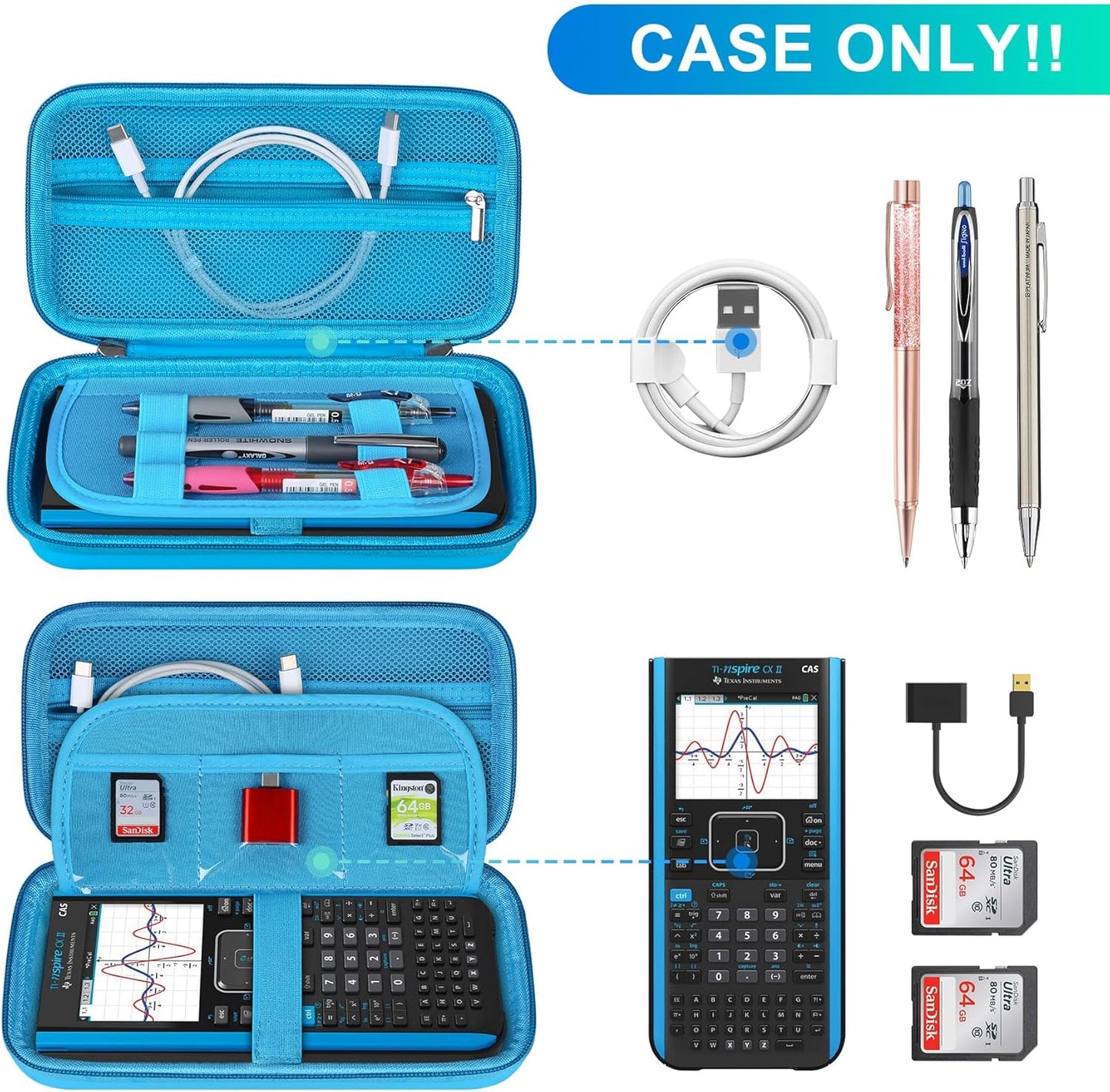 BOVKE Calculator Case for Texas Instruments TI-Nspire CX II CAS/CX II/CX CAS/CX Color Graphing Calculator and More - Extra Mesh Pocket for USB Cables and Other Accessories, Blue