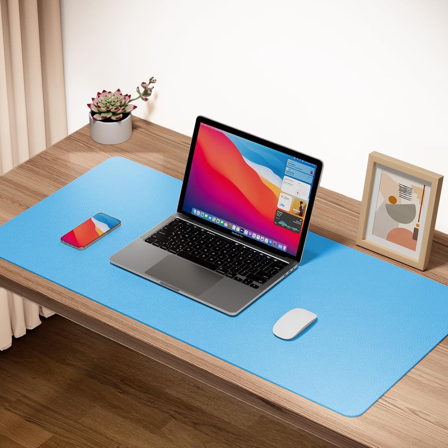 Boutilon Leather Desk Pad Protector,Non-Slip Mouse Pad,Laptop Desk Pad,Office Mouse Mat,Waterproof Leather Desk Blotter,Desk Writing Pad for Office and Home (L-Blue,35"x 17")