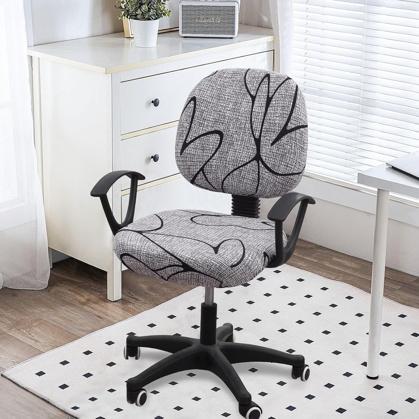 Smiry Stretch Printed Office Computer Chair Covers, Universal Washable Removable Desk Rotating Chair Slipcovers Protector, Seat + Backrest Cover - Grey and Black
