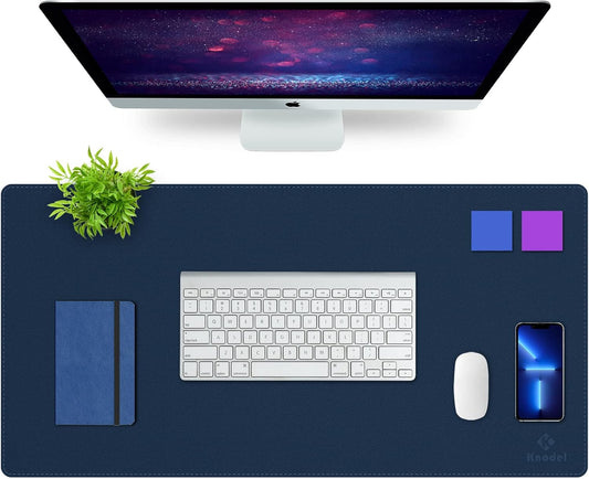 K KNODEL Desk Mat, Blotter, Dual-Sided Office Desk Pad, Waterproof Desk Mat for Desktop, Desk Blotters, PVC Leather Pad Protector (Dark Blue, 31.5" x 15.7")