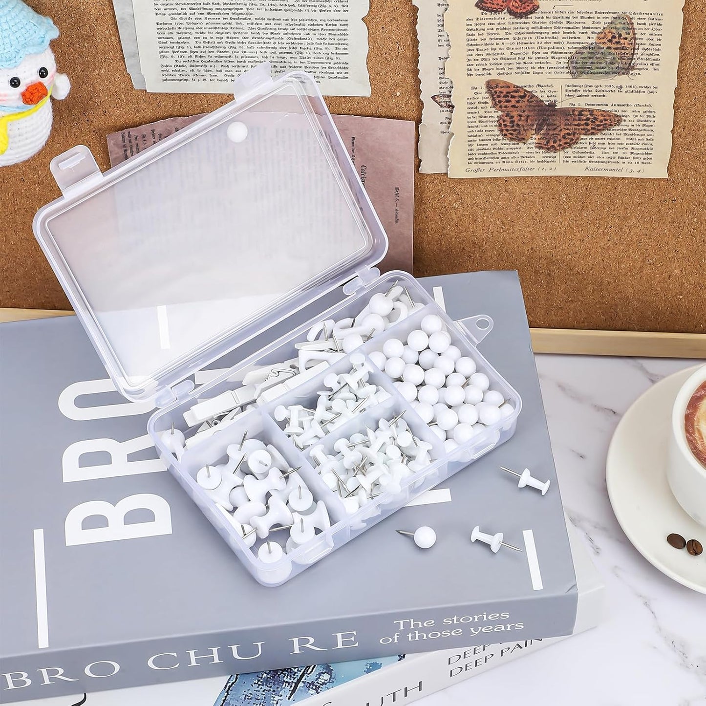 BESARME 200 Pieces Push Pins Set, 5 Types White Thumb Tacks Cute Decorative Push Pins for Wall Cork Board Bulletin Boards with Storage Box